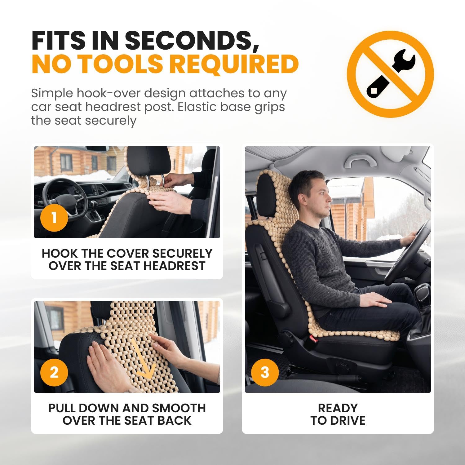 NOVECRAFTO Autositzbezug mit Holzperlen und Kopfstütze – Naturholzperlen-Massagegerät für Auto, Van, LKW & Taxi – atmungsaktives kühlendes Sitzkissen – universelle Passform – 143 x 50 cm – Weiß