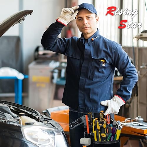 Miniatura 6 de Rising Star - Cinturón de herramientas de cuero resistente de 18 bolsillos, bolsa de herramientas curtida al aceite con soporte para martillo, bolsa