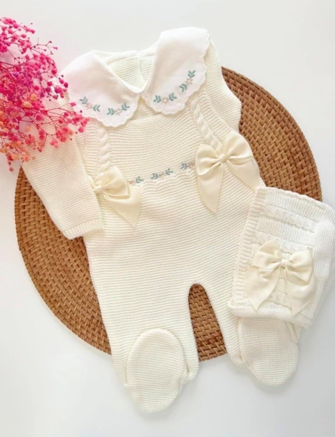 Newborn Girl Knitted Clothes Set, Coming Home Infant Knit Outfit 3 pieces
