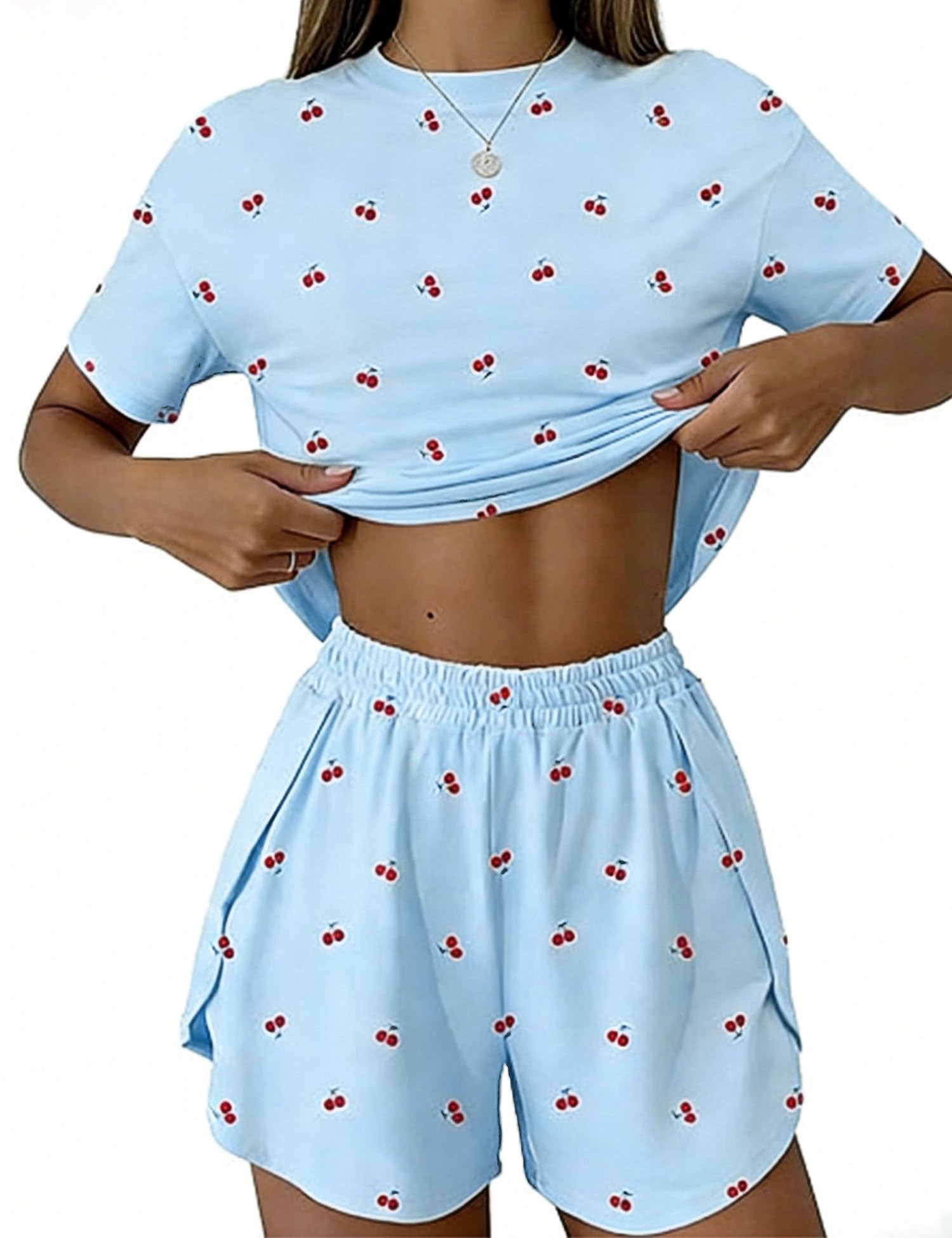 IECCP Schlafanzug Damen Kurz Pyjama Kurzarm Pyjamas Set Nachtwäsche Schlafanzugoberteile Zweiteiliger Sommer Loungewear Sleepwear Hausanzug für Zuhause Urlaub Freizeit