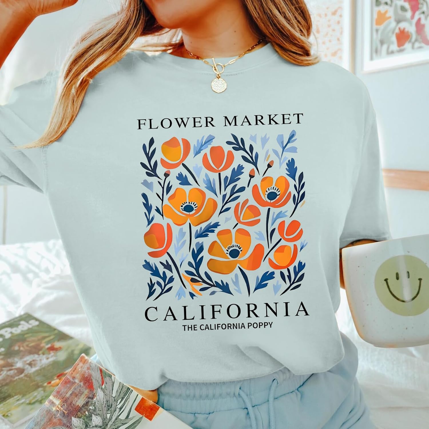 California Poppy Shirt Flower Boho Aesthetic Floral Shirts for Women Vintage Graphic Tees Wildflower Shirt Casual Top - Image 2