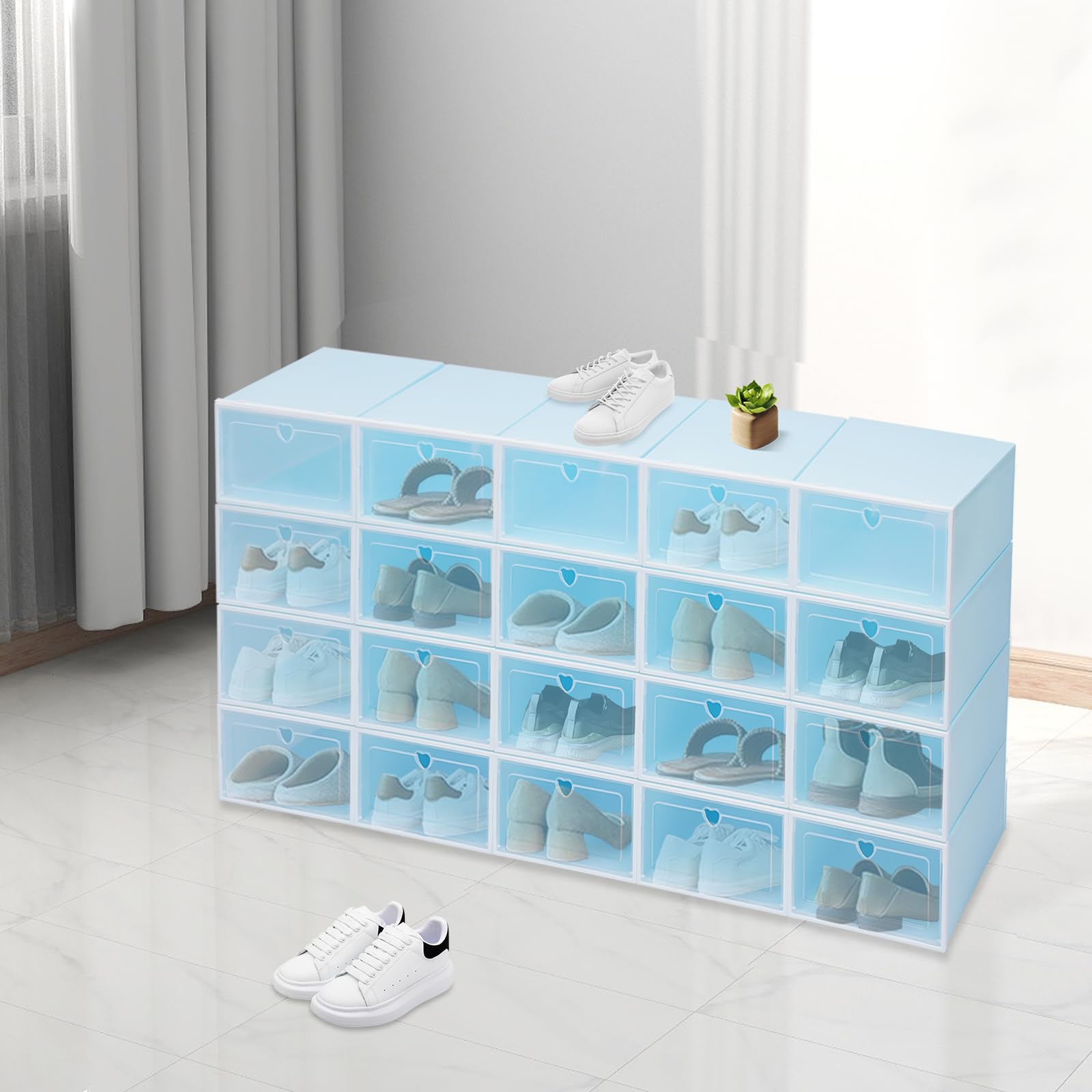 20 scatole trasparenti per scarpe blu, in plastica, impilabili, per uomini e donne, facili da montare, salvaspazio, 33 x 23 x 14 cm