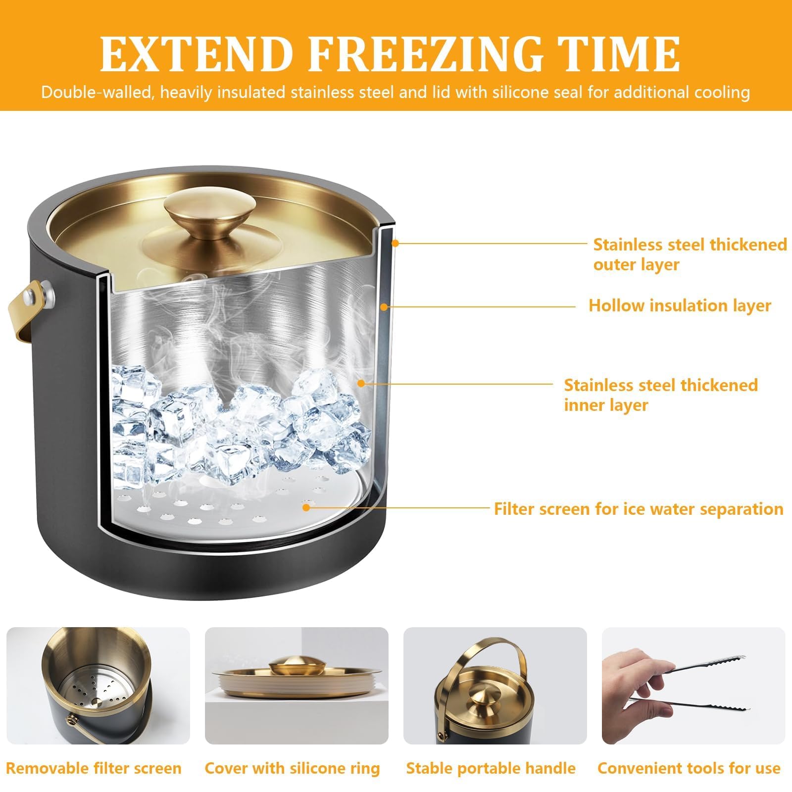 Zythrem 2L Secchiello per il Ghiaccio in Acciaio Inox 2L Doppia Parete Isolata Secchiello per Ghiaccio con Coperchio, Pinze e Pala, Portaghiaccio, Lce Bucke, per Vino per Cocktail Bar