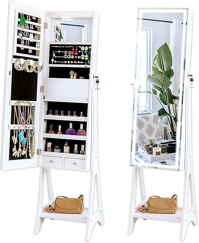 KEDLAN Armario de joyería con espejo LED de pie, organizador de joyas con cerradura, armario grande de longitud completa con cajones, organizador