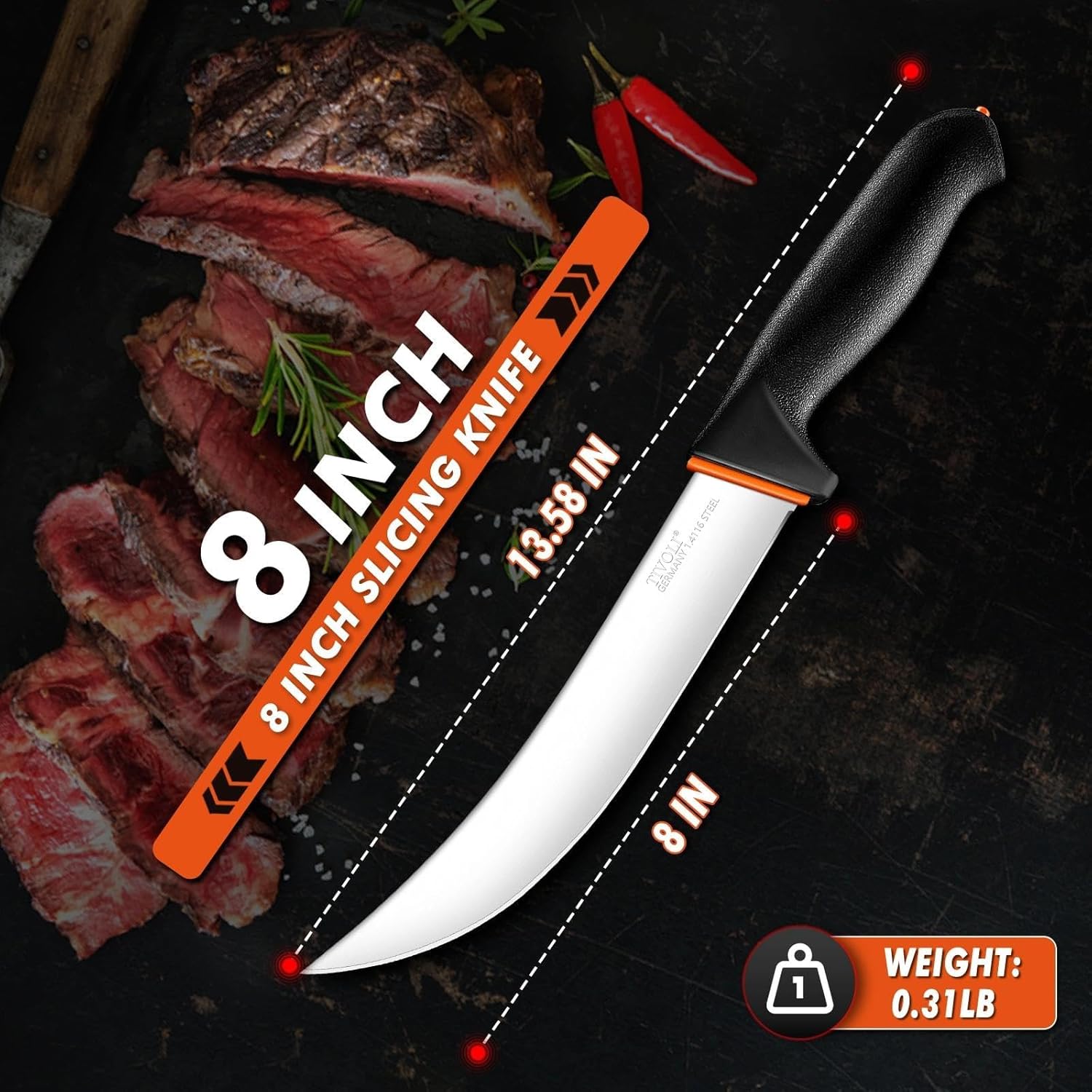 TIVOLI Slicing Knife 8 Inch - Brisket Knife with Ergonomic Non-Slip Softgrip & German Stainless Steel Razor Sharp Blade for Meat Cutting,Slicing - Gift for Men Women