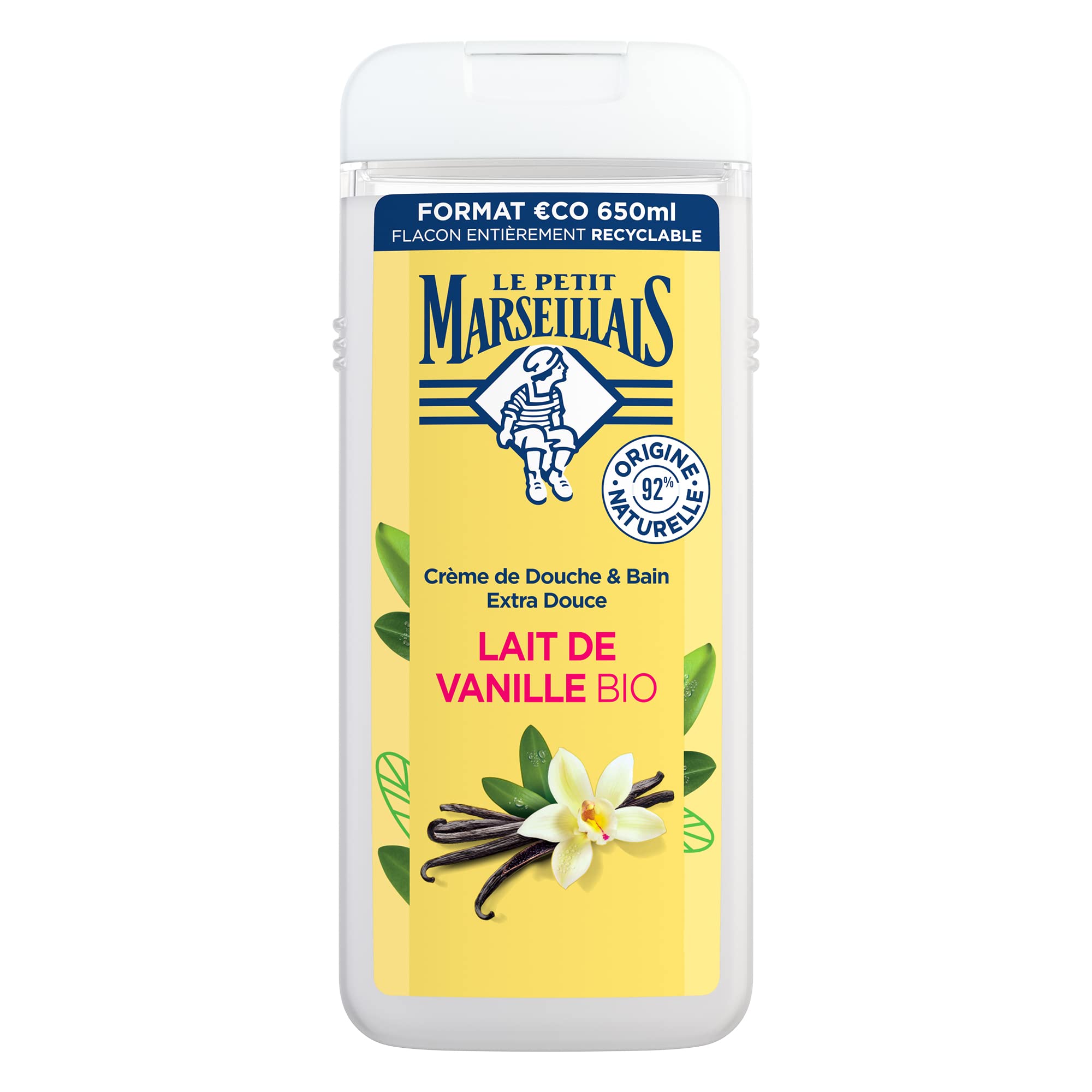 Le Petit Marseillais | Crème de Douche Extra Douce Lait de Vanille Bio (flacon de 650 ml) – Gel douche avec 92 % d'ingrédients d'origine naturelle – pH neutre pour la peau et sans colorant