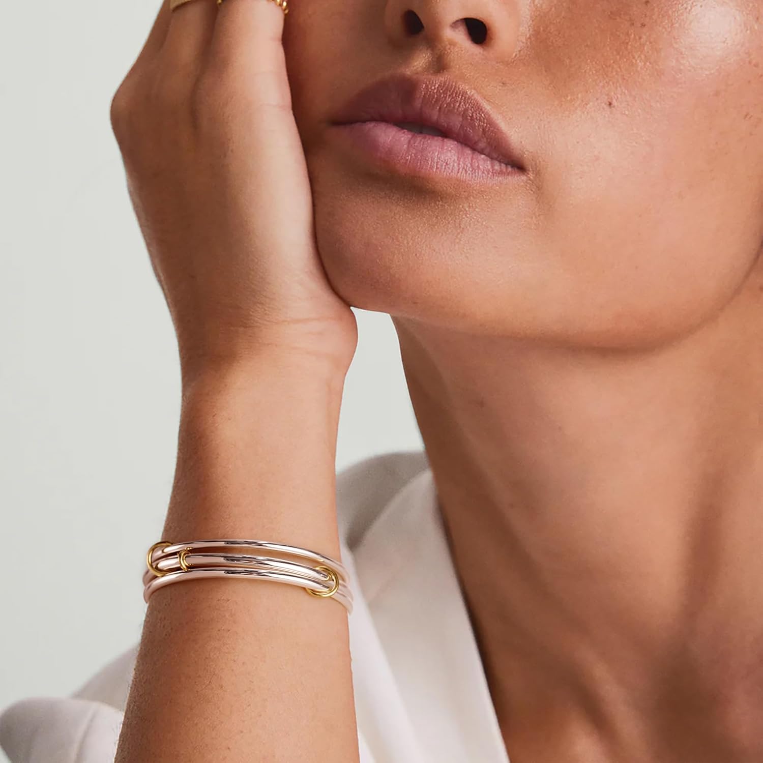 NOKMIT Triple Interlocked Stackable Bangle Bracelets for Women 3-Pack Two-Tone High Polished Stainless Steel Bangle Set Classic Plain Thin Non-Tarnish Gold&Silver - Image 5