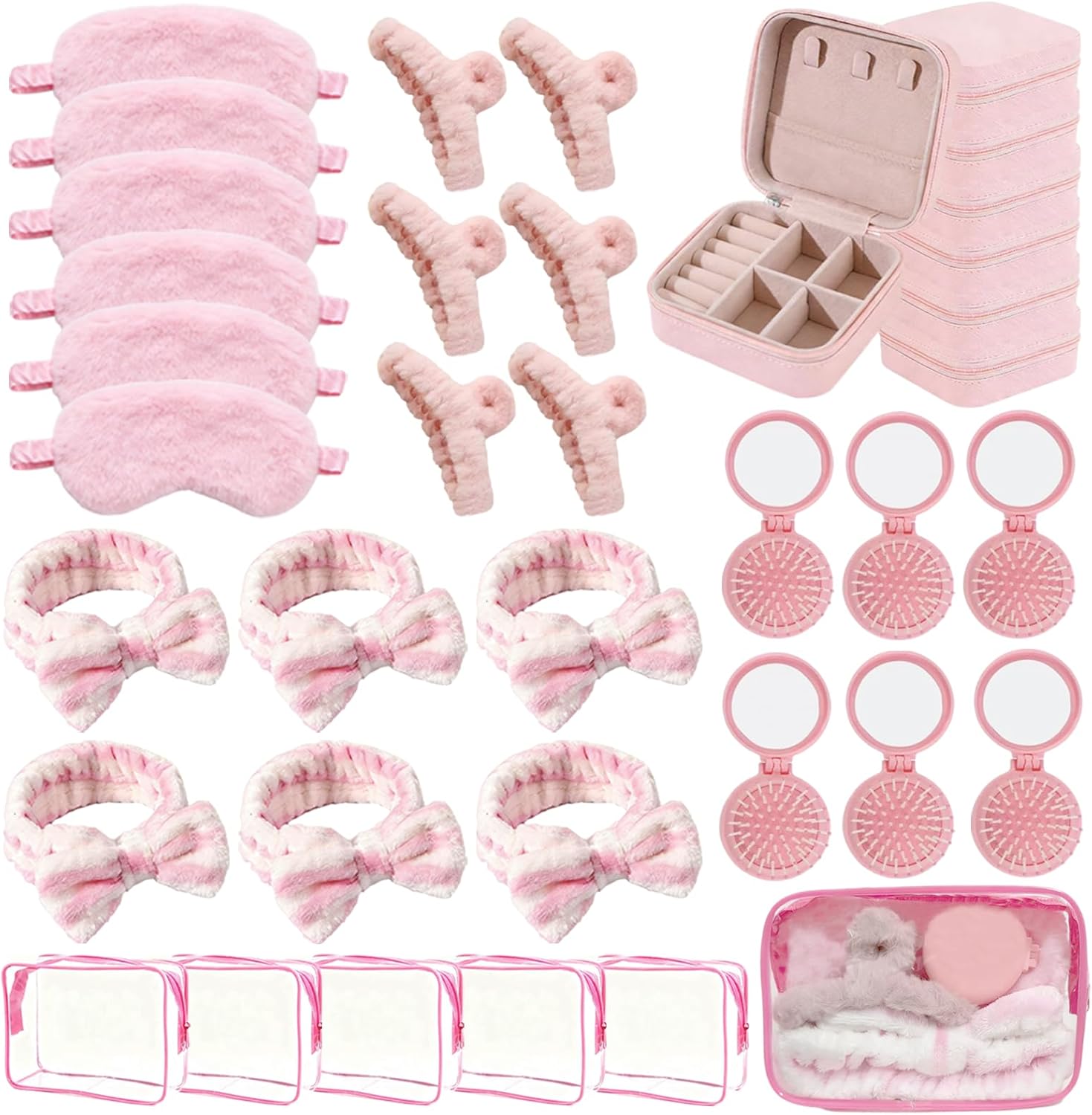 6 Set Sleepover Party Supplies for Women, Spa Party Favors with Eye Mask Hairband Fluffy hair clip mini hair brush with mirror Jewelry Case Clear Makeup Bag, Slumber Party Supplies Bridesmaid Gifts