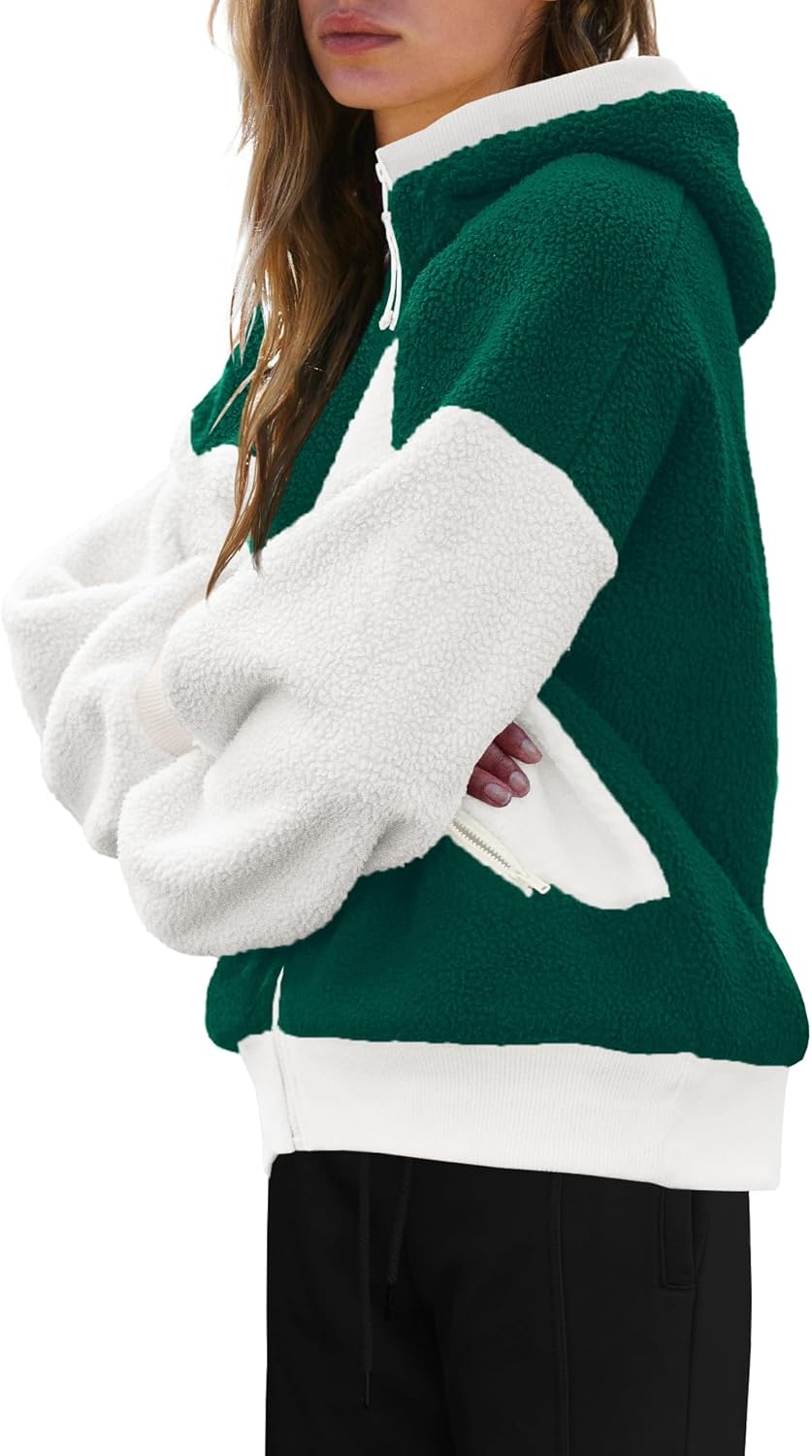 Panadila Womens Fuzzy Fleece Jacket Zip Up Oversized Hoodie Sherpa Warm Coats Color Block Top Outerwear with Pockets - Image 3