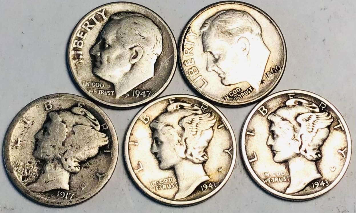 1916 Mercury Roosevelt Silver 1916-1964 5 Coin lot Various Mints Dime Fine