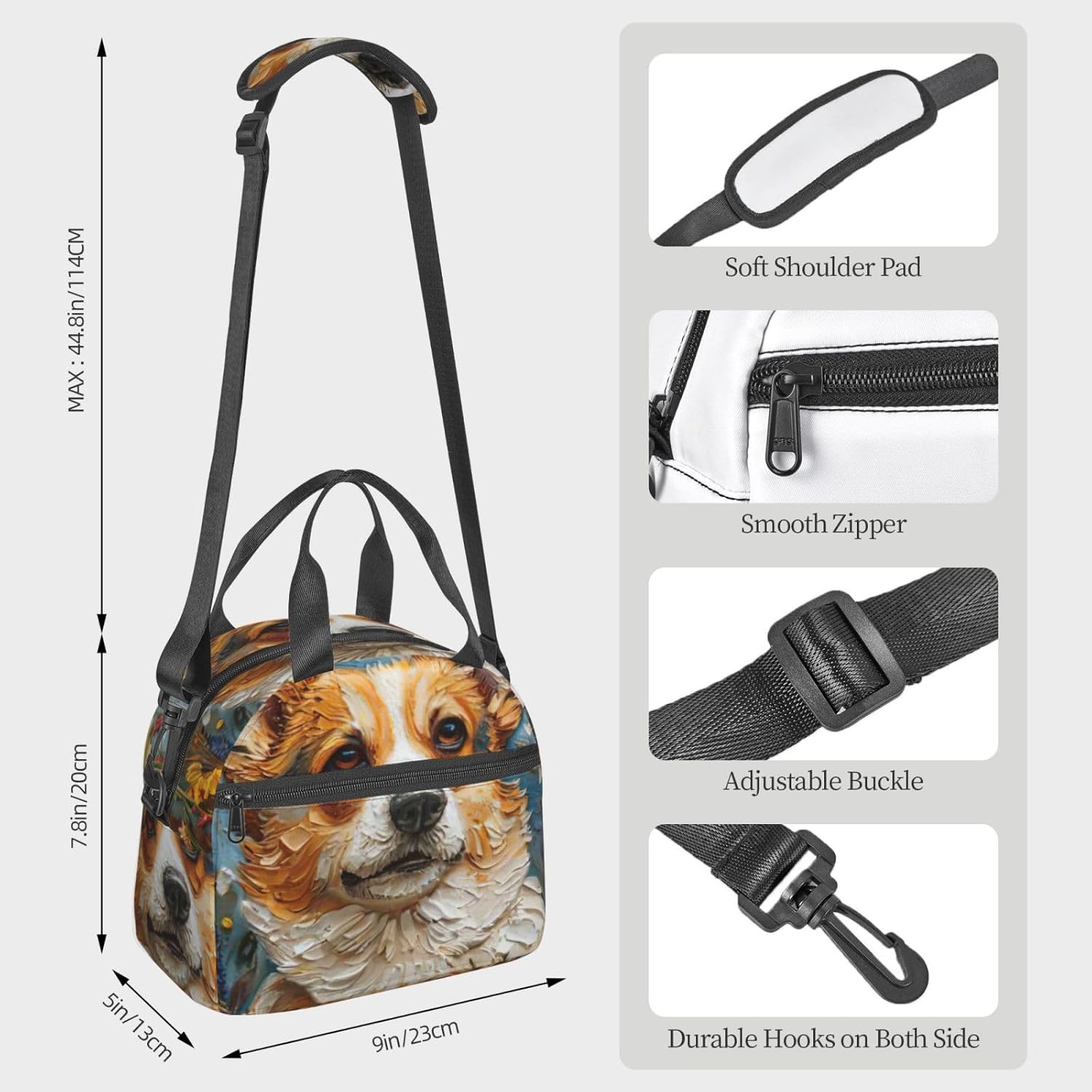 Corgi Floral Flowers Spring Garden Print Reusable Lunch Bag Insulated Lunch Boxes for Office Work Picnic Tote Bag Adjustable