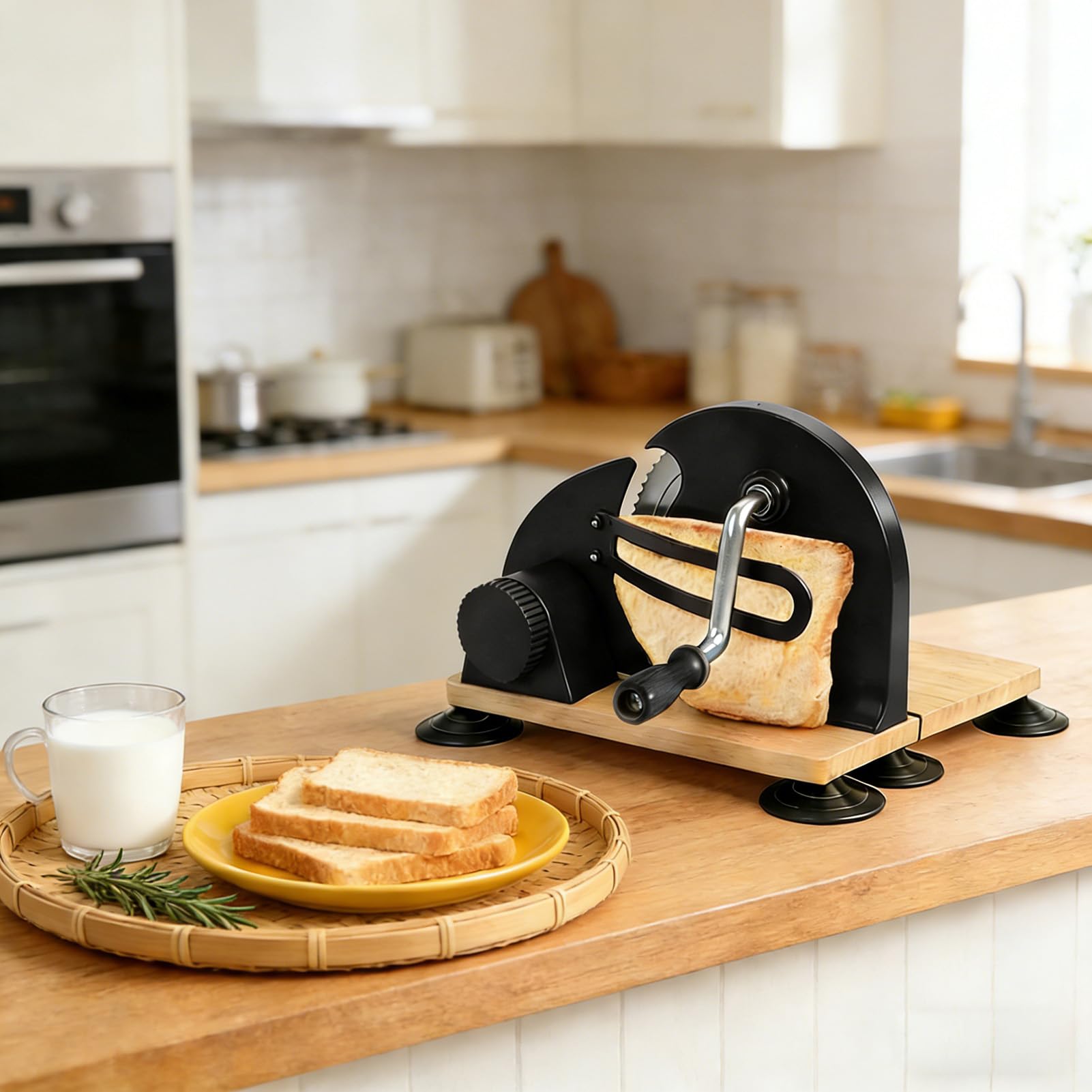 Cryfokt Cortador de Pan Manual, Cortador de Espesor Ajustable de Acero Inoxidable con Hoja Dentada para Tostadas de Sándwich de Masa Fermentada Casera, Herramienta de Cocina Compacta con (BLACK)