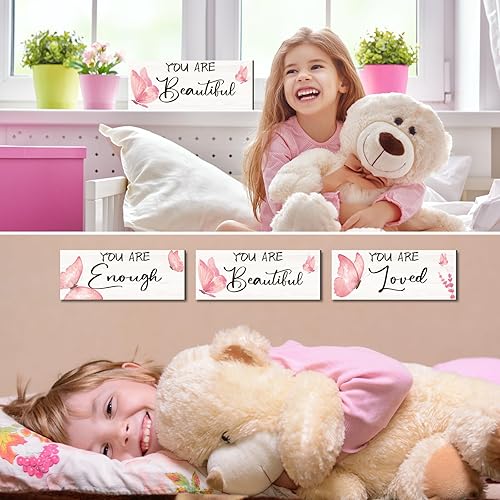 Miniatura 5 de Geelin 3 piezas de decoración de pared de mariposa de madera rosa para colgar, arte de pared con citas positivas, impresiones de decoración de