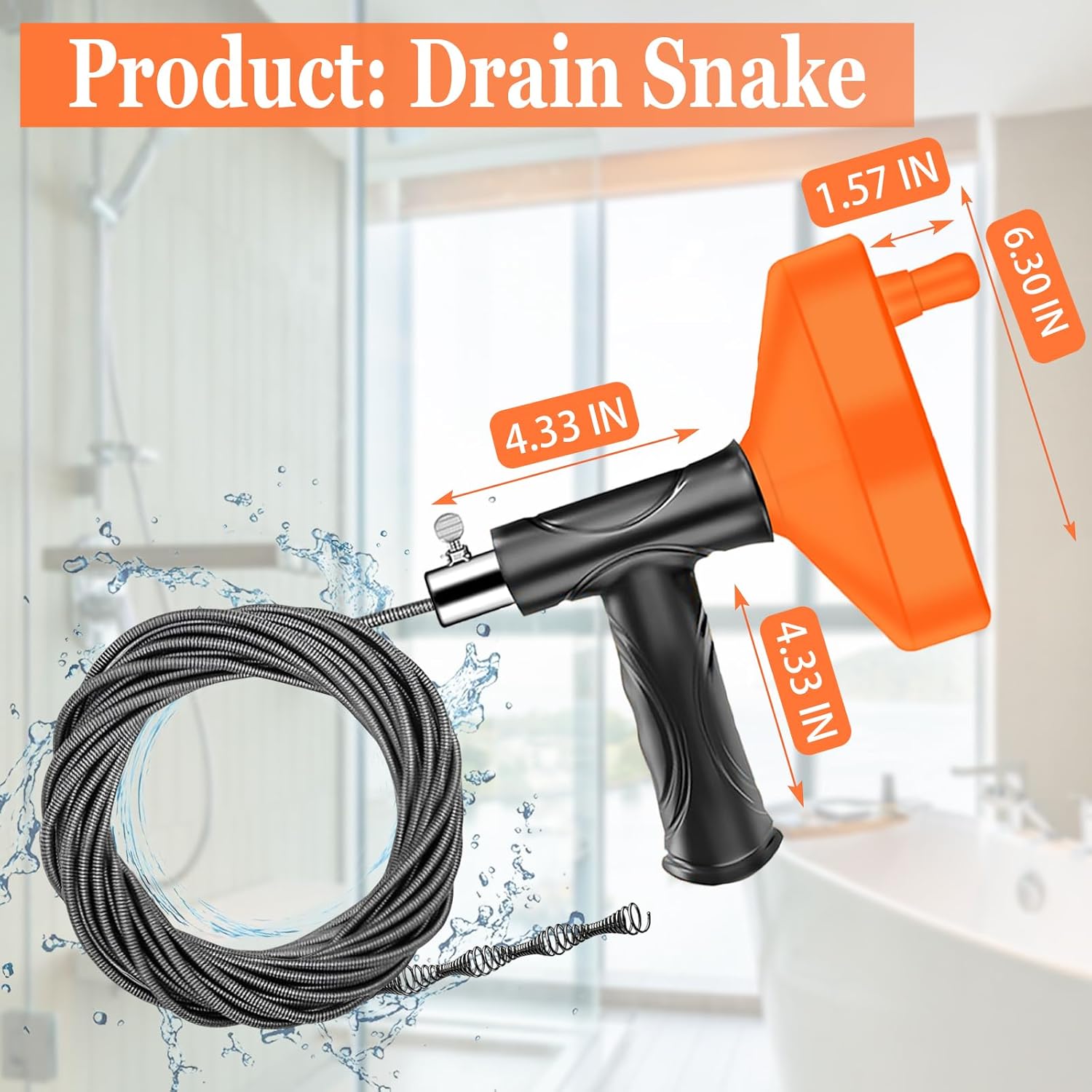 Drain Auger 33 Feet, Plumbing Snake Hair Clog Removal Tool, Heavy Duty Toilet Auger, Clog Remover Tool for Bathroom Kitchen Tub Shower Drain Clog Remover with Gloves, Orange