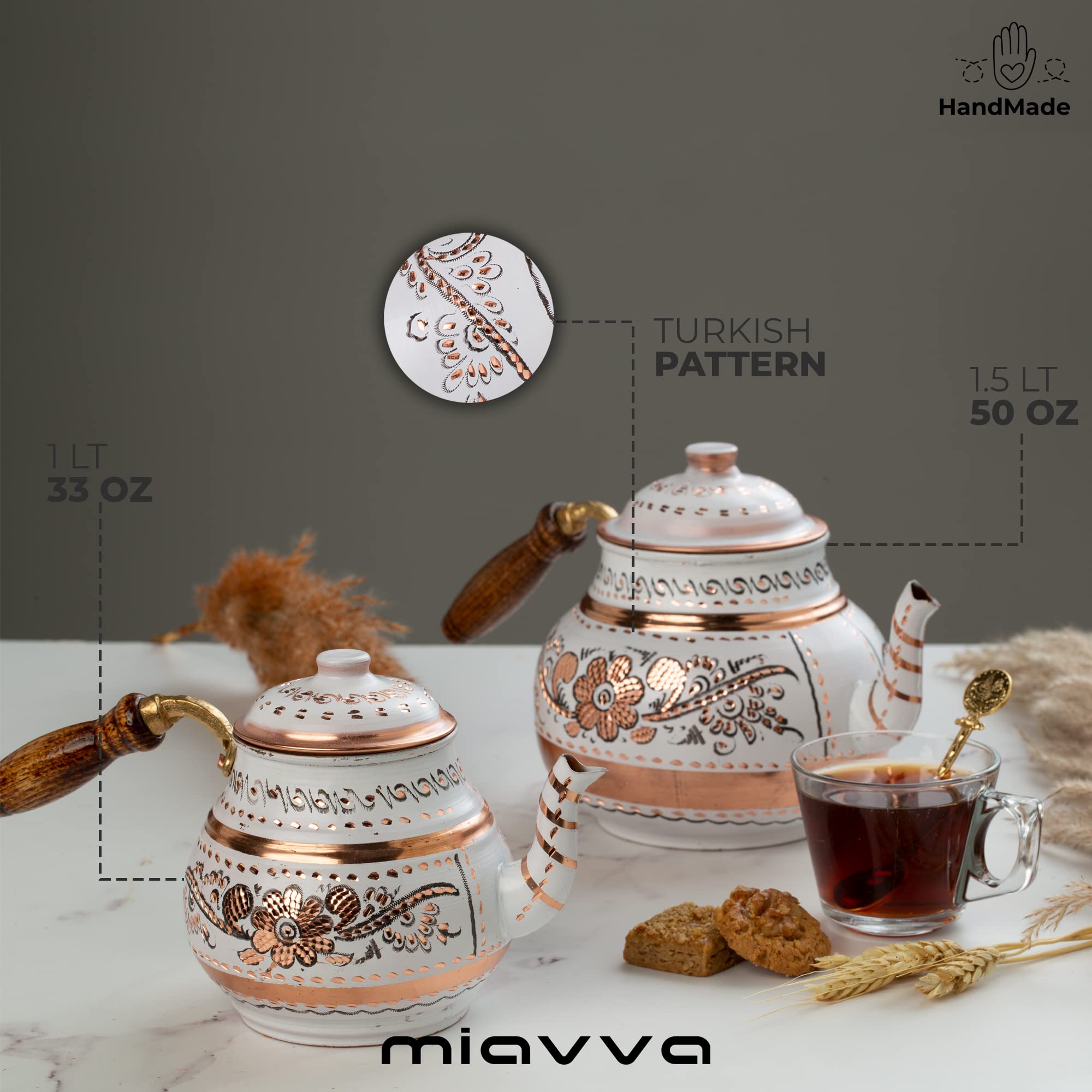 Set Teiera Turca Smaltata Vintage - Per Piano Cottura, 2 Pezzi, Decorazione Floreale - Bianco/nero - Foto 9