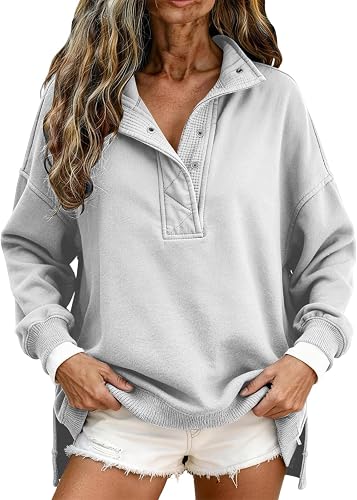 Super Soft Sweatshirts for Women Solid Snap Placket Oversize