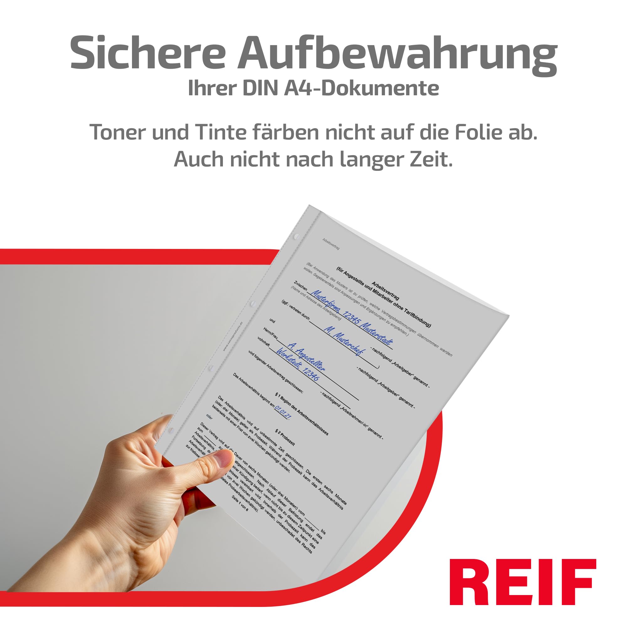 18340G Prospekthüllen A4+, DIN A4 Überformat, 100 Stück aus Green-PE Stärke 0,160 mm, dokumentenecht, oben offen, Dokumentenhülle gelocht für bis zu 80 Blatt, Made in Germany