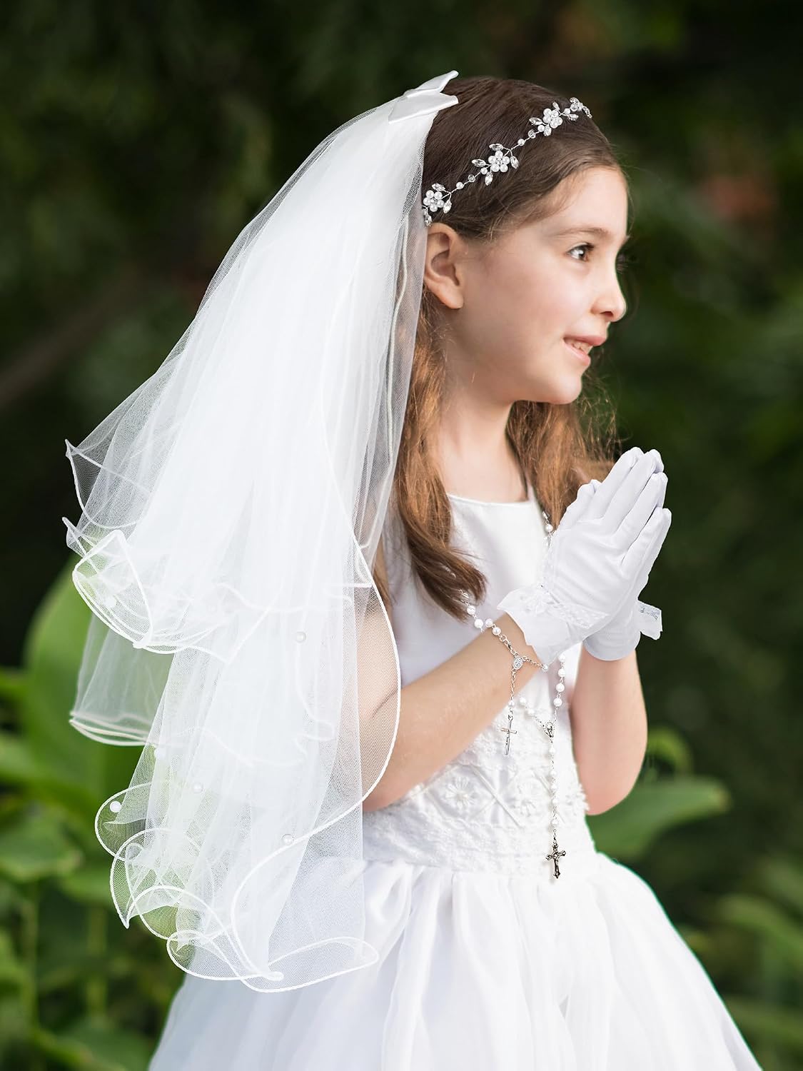 SWEETV 6 Pcs First Communion Veil Set for Girls 1st Communion Bow Veil Headpiece Accessories Set White Lace Veil Flower Crown