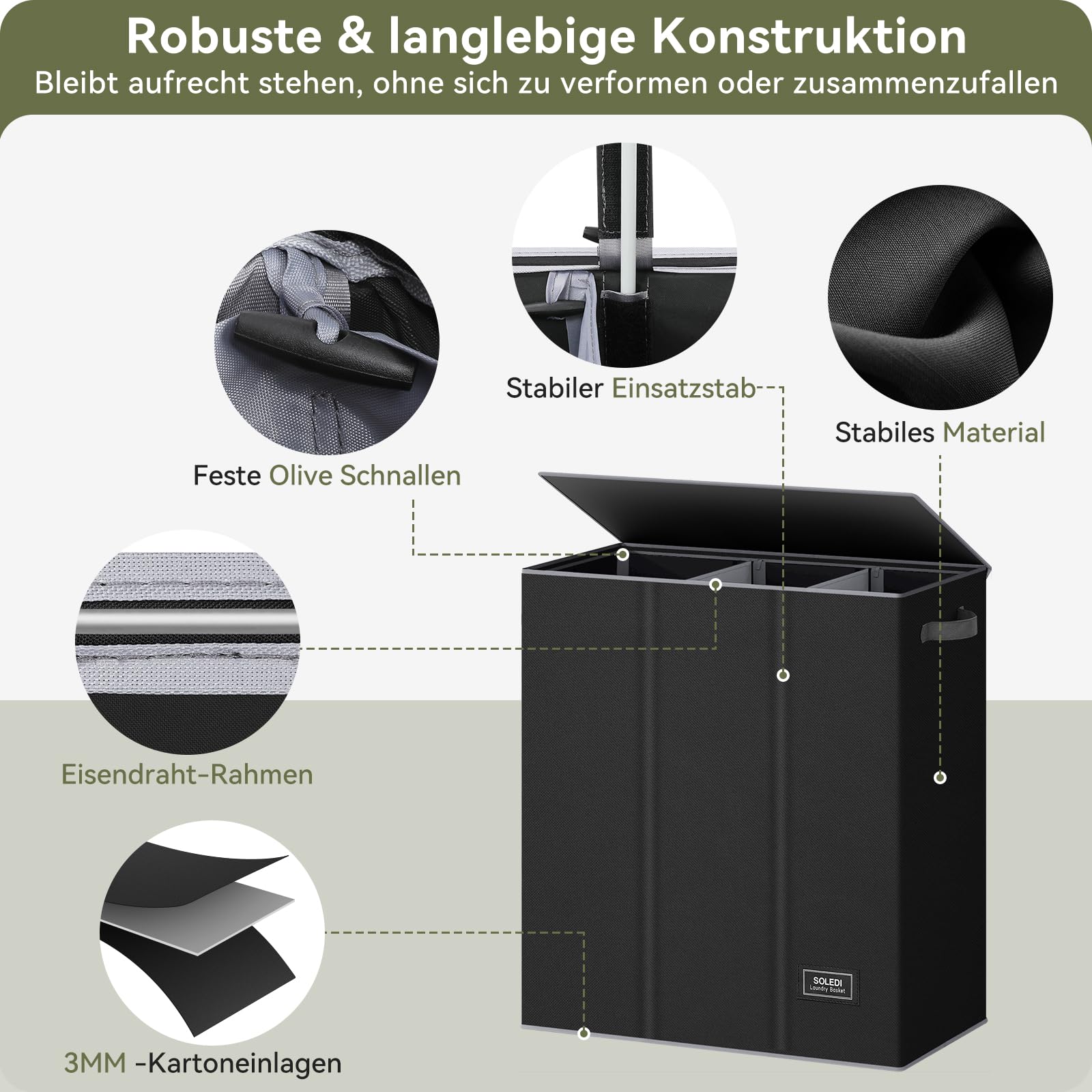SOLEDI 160L Cesto portabiancheria, contenitore per biancheria 3 scomparti con coperchio e 3 sacchetti per biancheria - Cesto per la biancheria grande XXXL per bagno, camera da letto, lavanderia