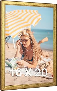 16x20 Wood Frame Gold, Ornate Natural 20x16in Picture Poster Frame, Modern Golden 16 x 20inch Gallery Wall Photo Frame with HD Plexiglass, Horizontal Vertical Wall Mounting Display 1pcs