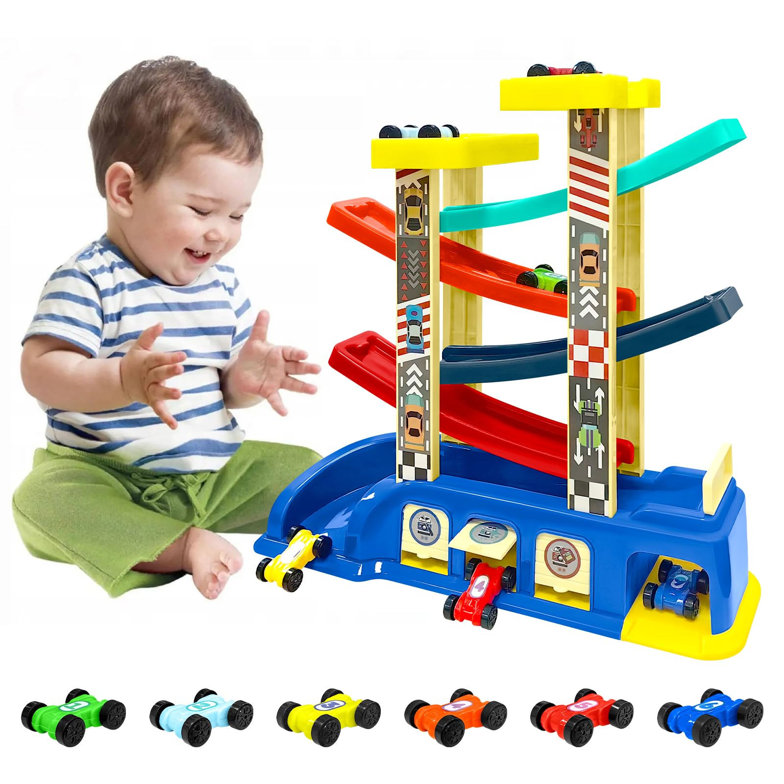 YATOSEEN Car Ramp Toys, Montessori Toys with 6 Mini Cars & 4 Colorful Race Tracks, Garages and Parking Lots, Ramp Racer Toy Gift for Boys Girls
