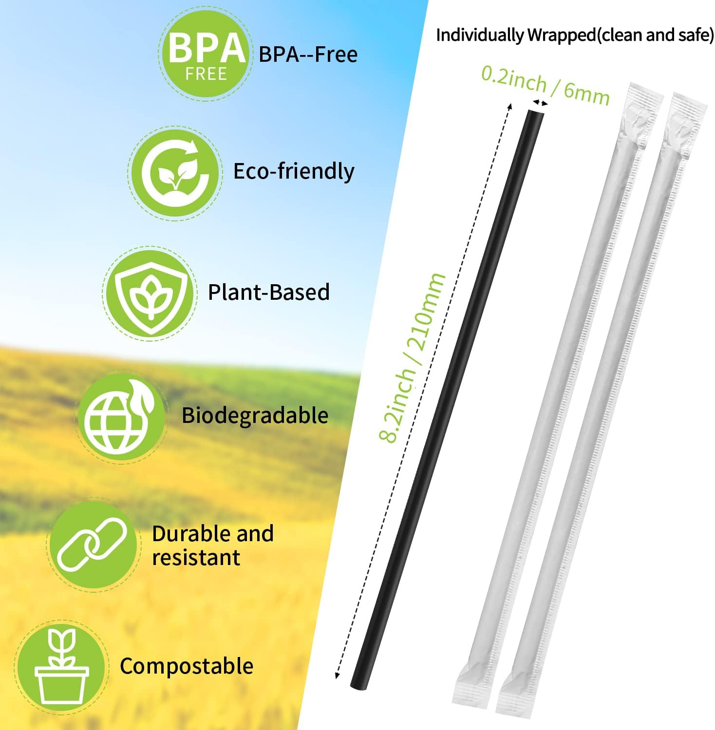 [300 Pcs] Biodegradable Compostable Individually Wrapped Straws - PLA Disposable Plant Based Black Straws (8.25" LongX0.23" Wide)