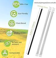 Vista 3 de Pajitas biodegradables compostables envueltas individualmente, pajitas negras desechables de ácido poliláctico (PLA) a base de plantas