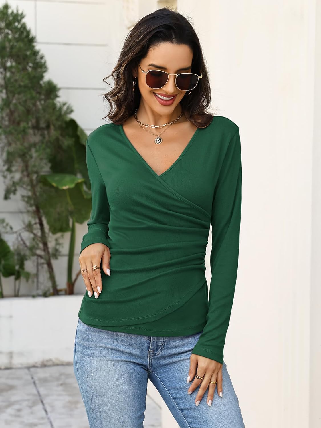 Womens Wrap Long Sleeve Shirts Ruched V Neck Tops Sexy Dressy Slim Fit Fall Outfits 2026 - Image 3
