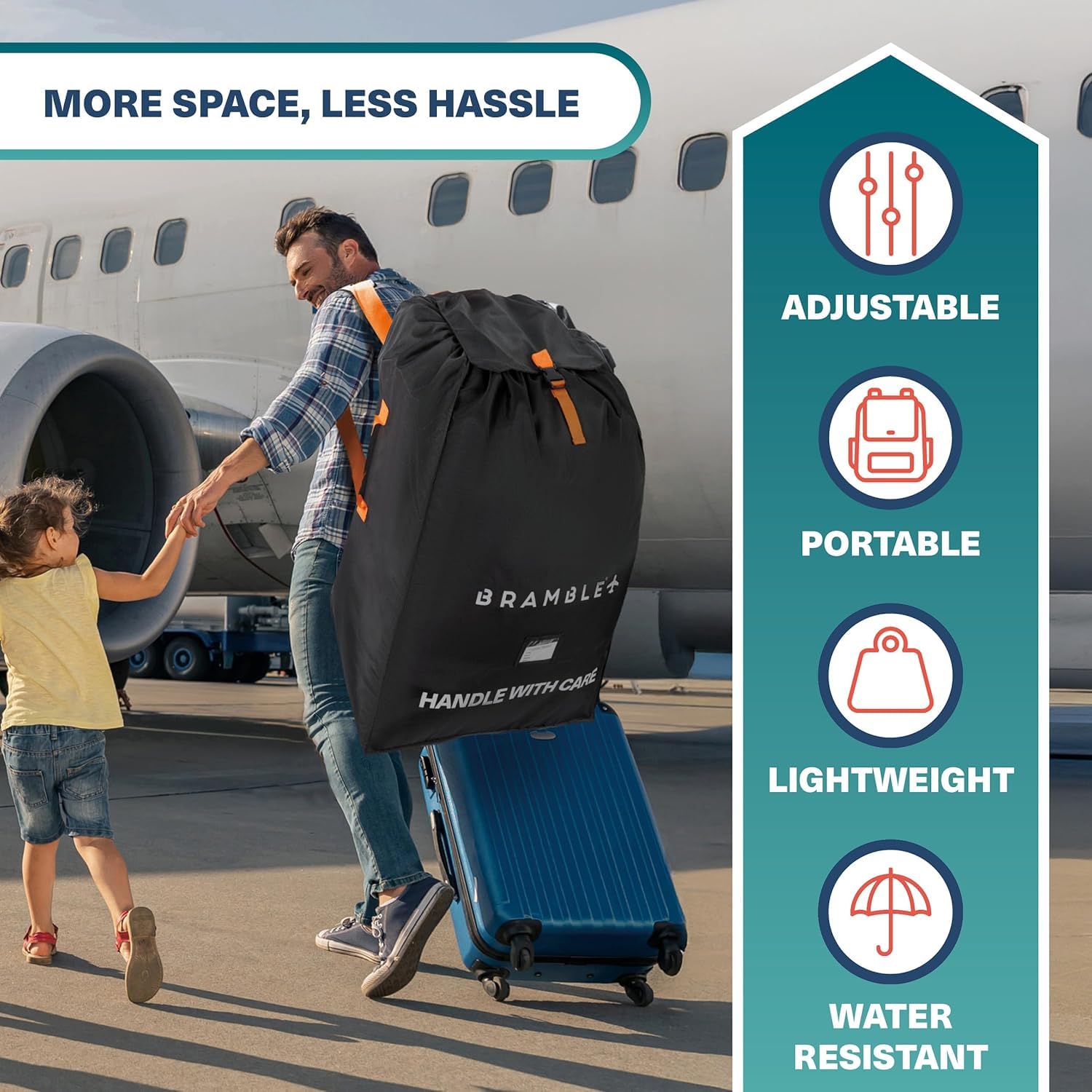 Bramble - Borsa da Trasporto Passeggino Gemellare XL per Aereo Gate Check - Nylon Balistico Idrorepellente con Spallacci Neoprene, Sacca & Finestra ID - 100 x 65 x 40 cm (Nero)