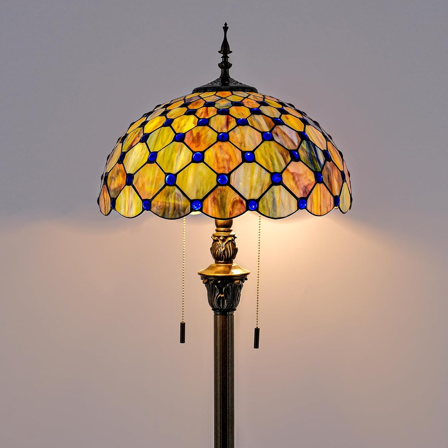 Tiffany Floor Lamp Stained Glass Pearls Beads Standing Reading Light 16x16x64 Inch Retro Inspired Pole Corner Lighting Art Decor for Bedroom Living Room Home Office (Gradient Green)