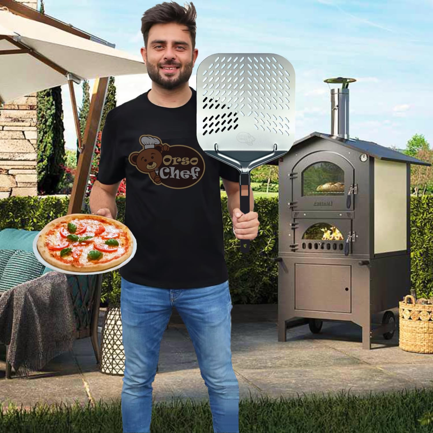 HENDI Vierkante pizzaschep - korte houten handgreep - aluminium