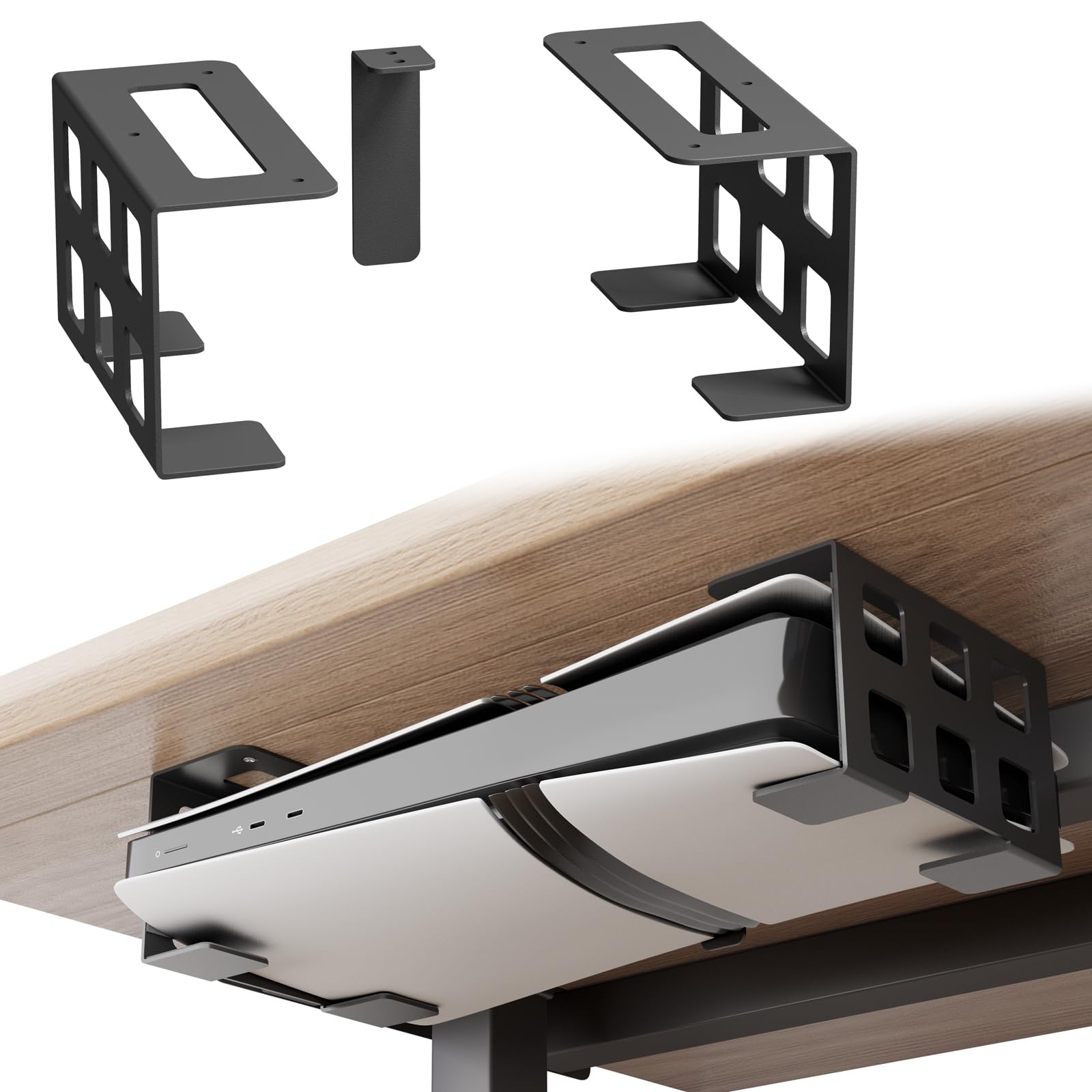 sciuU Supporto Orizzontale Sotto Scrivania/Supporto Parete Verticale compatibile con PS5 Pro Digital, PS5 Slim Digital, Xbox Series S, Xbox One – Porta Console da Muro/Tavolo in Acciaio Inox