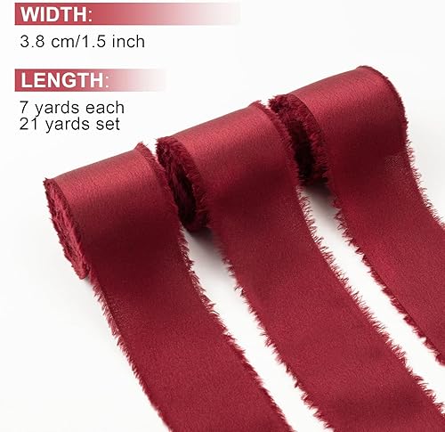 Vista 2 de Burgundy Dark Red Silk Ribbon 1-1/2 Inch x 21Yds Handmade Fringe Silky Chiffon Frayed Fabric Ribbon for Gift Wrapping, Flower Bouquet, Wedding