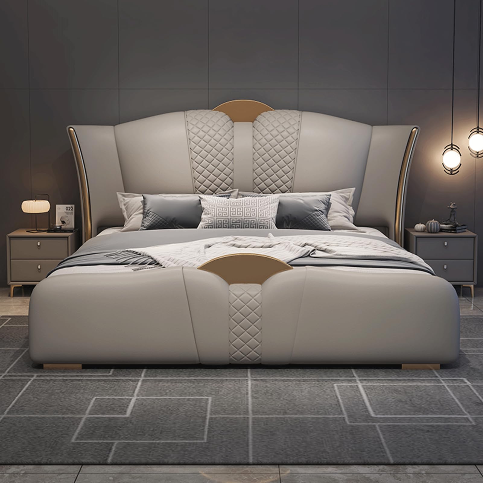 King Size Genuine Leather Wood Bed Upholstered Platform Bed Frame Upholstered Platform Bed Frame Wooden Slats and Metal