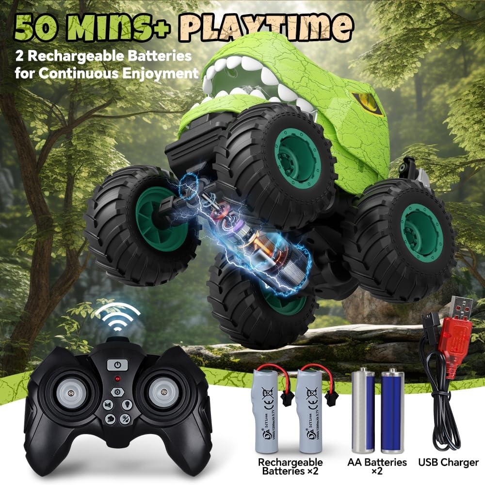 Drefirsa Remote Control Car for Boys Age 4-7 8-12, 50min+ Runtime Dinosaur Monster Truck Toy with Spray, Light, Music, Stunts, Birthday Gift for Boy 3 4 5 6 7 8 9 10 Year Old