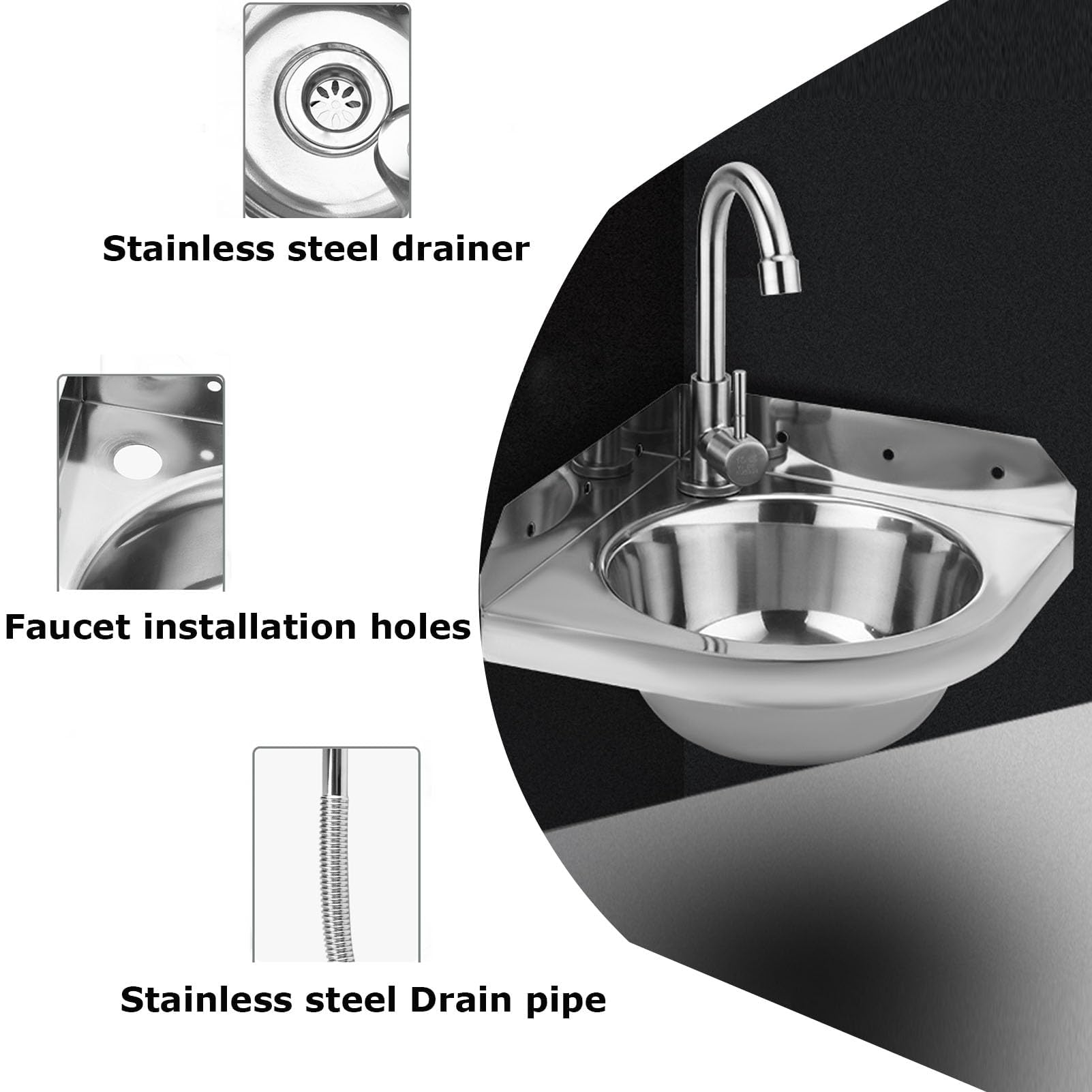 Lavabo Angolare in Acciaio Inox, Triangolare, A Parete, 26x26 cm, Per Bagno, Wc, Garage, Camping-Car, Barca