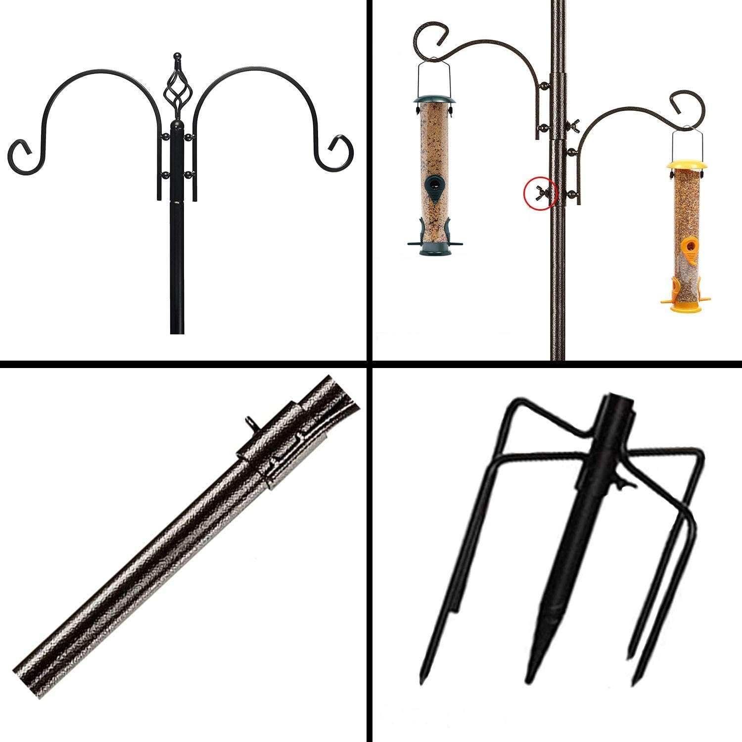 Deluxe Bird Feeding Station with 2 Bird Feeders Included for Outside - Multi Feeder Pole Stand Kit with 4 Hangers, Bird Bath and 5 Prong Base for Attracting Wild Birds - 22 Inch Wide x 92 Inch