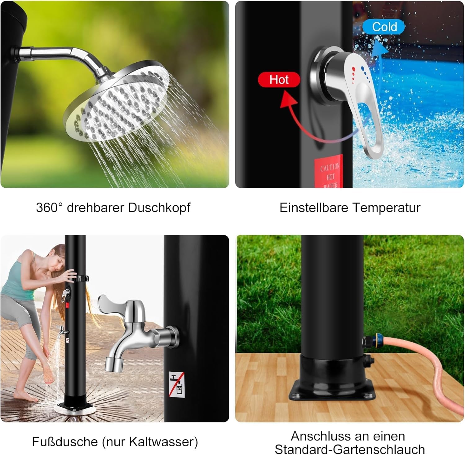 Douche Solaire 40 Liters, Douche de Jardin avec Pommeau de Douche Rotatif et Robinet à Pied, Douche Solaire Piscine Extérieure pour Jardin Plage, Jusqu'à 60 °C avec Housse Anti - Poussière