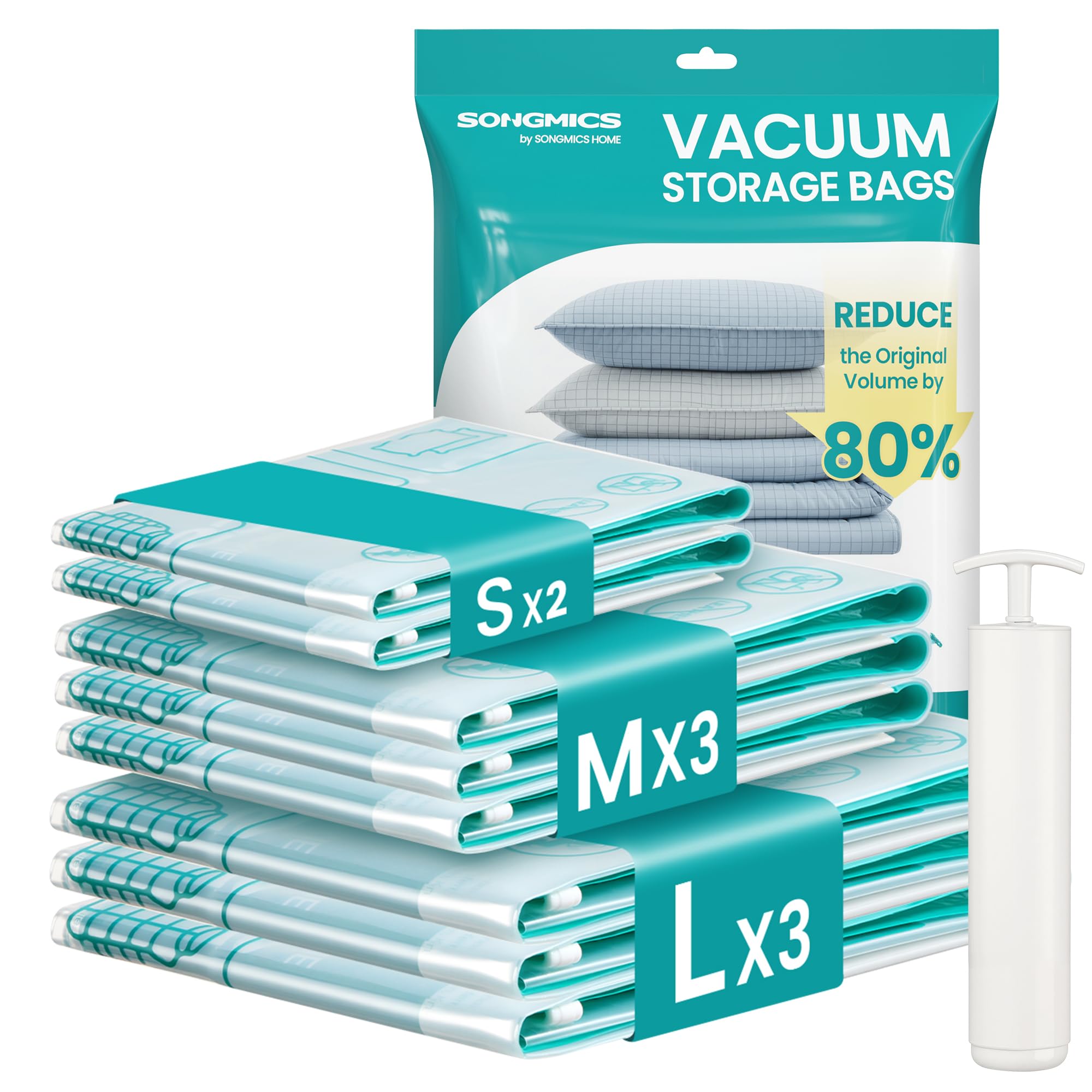 SONGMICS Vacuum Storage Bags, Vacuum Seal Suction Bags for Clothes Bedding Travel, Space Saver Reusable, with Hand Pump, 8 Pack, 2S/3M/3L, Transparent LVB104W101