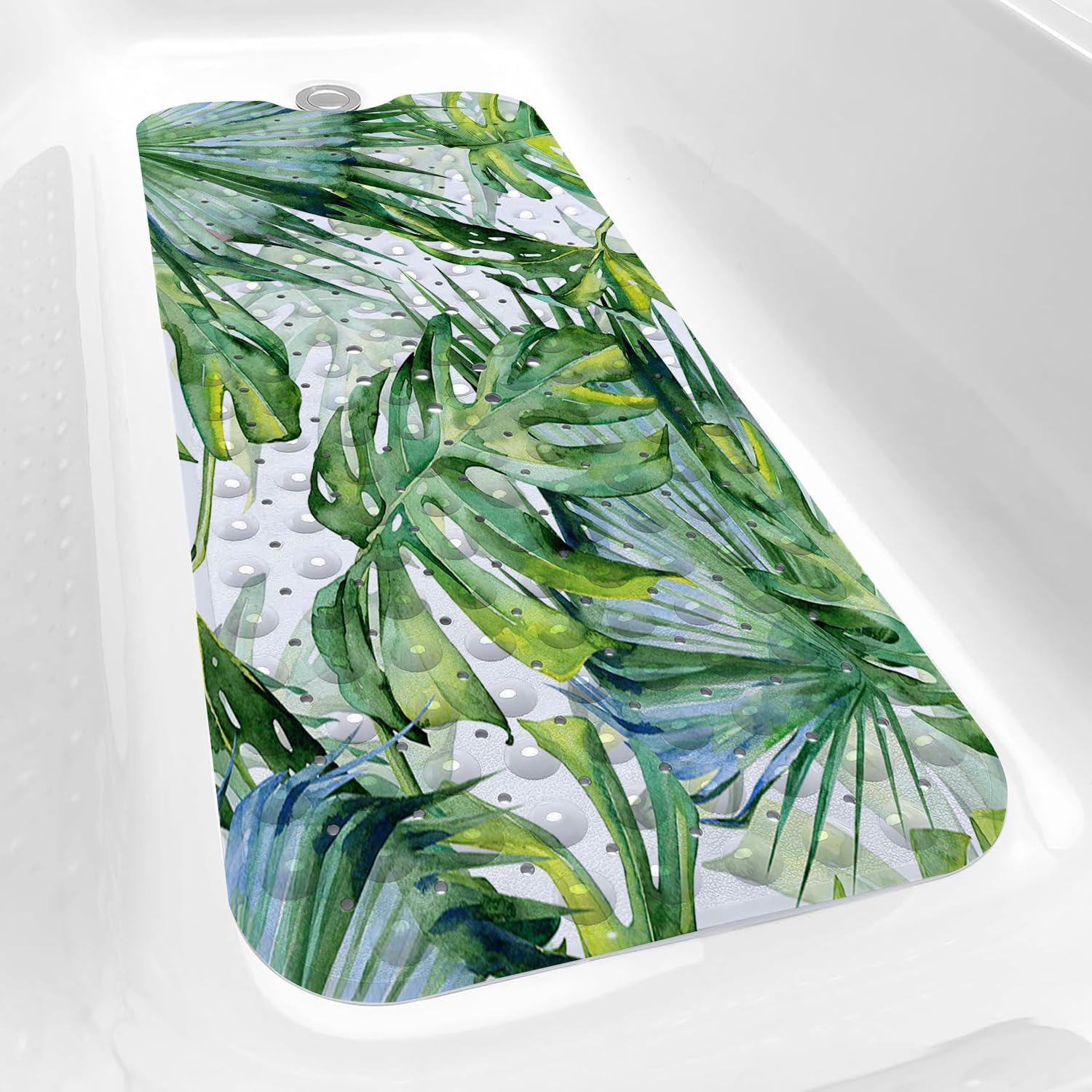 Green Bathtub Mat Non Slip, 40x16 inch Bath and Shower Safety Mats, Watercolor Tropical Leaves Tub Mat for Bathroom, Tub Shower Mat with Drain Holes and Suction Cups