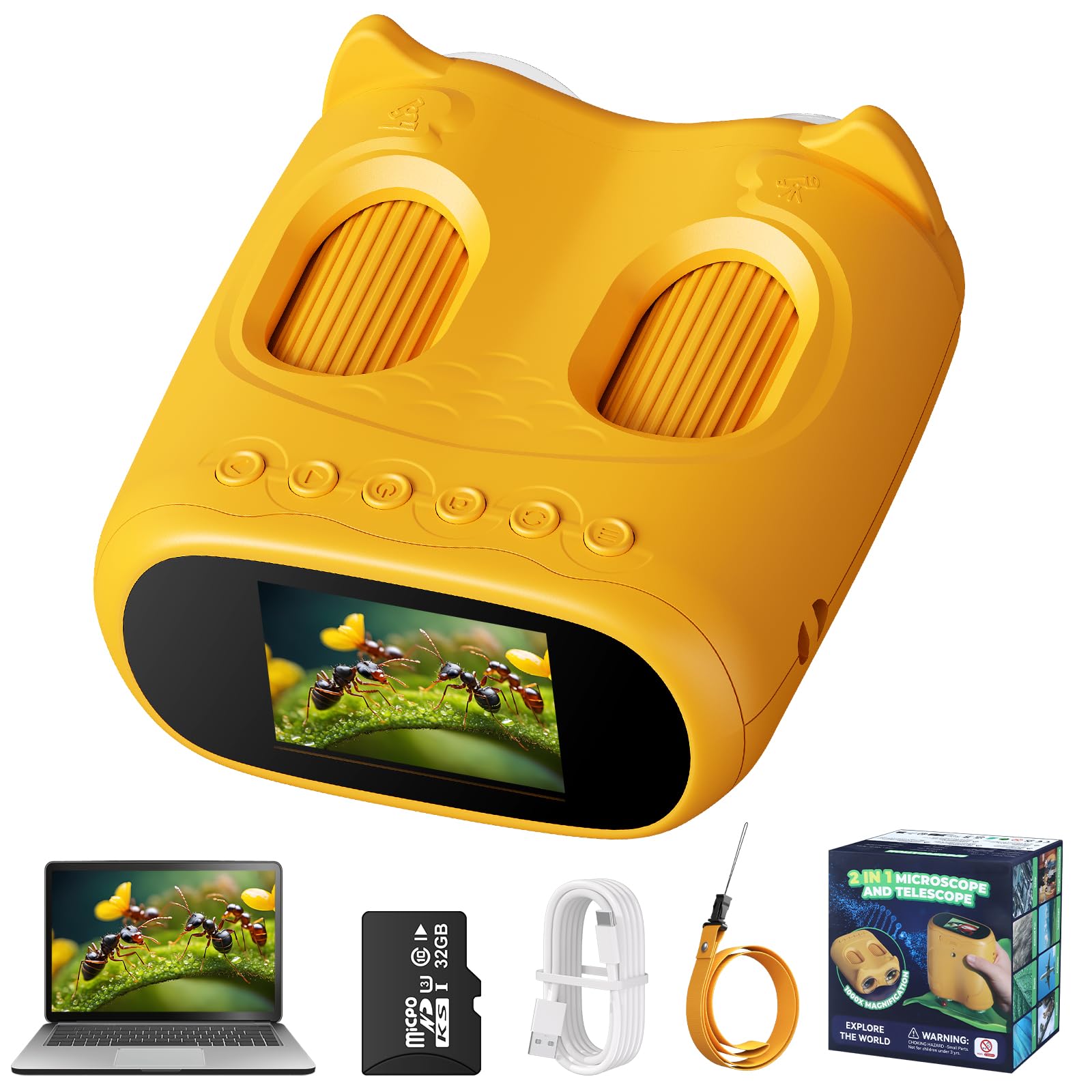 2 in 1 Microscopio Bambini e Telescopio, Microscopio Digitale Bambini con Scheda 32GB, 1000X Microscopio Portatile con Schermo IPS da 2,0 Pollici e 8 Luci LED, Regalo per Bambini dai 3 Anni