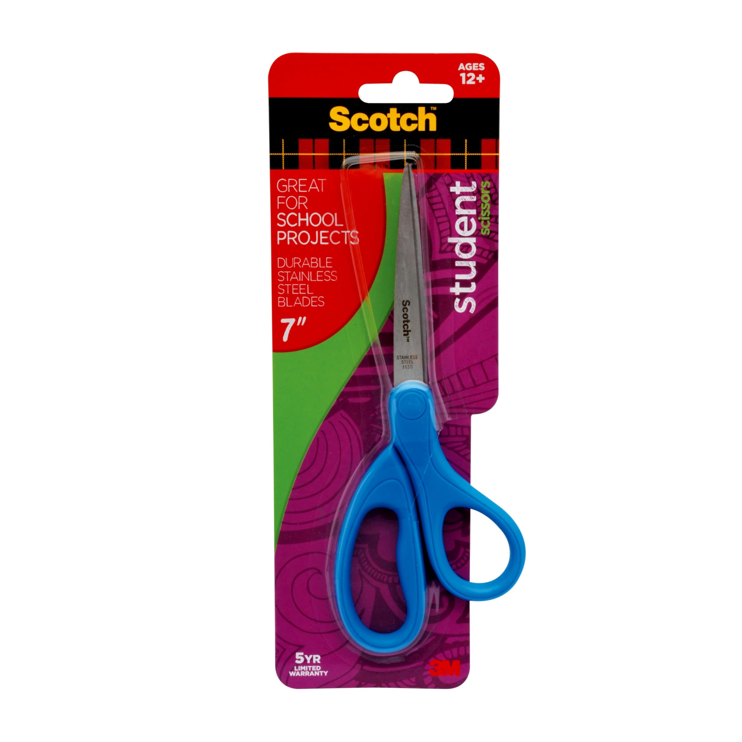 Scotch Studentenschere, 17,8 cm, Blau, Grün und Lila, Farben variieren, 6 Stück