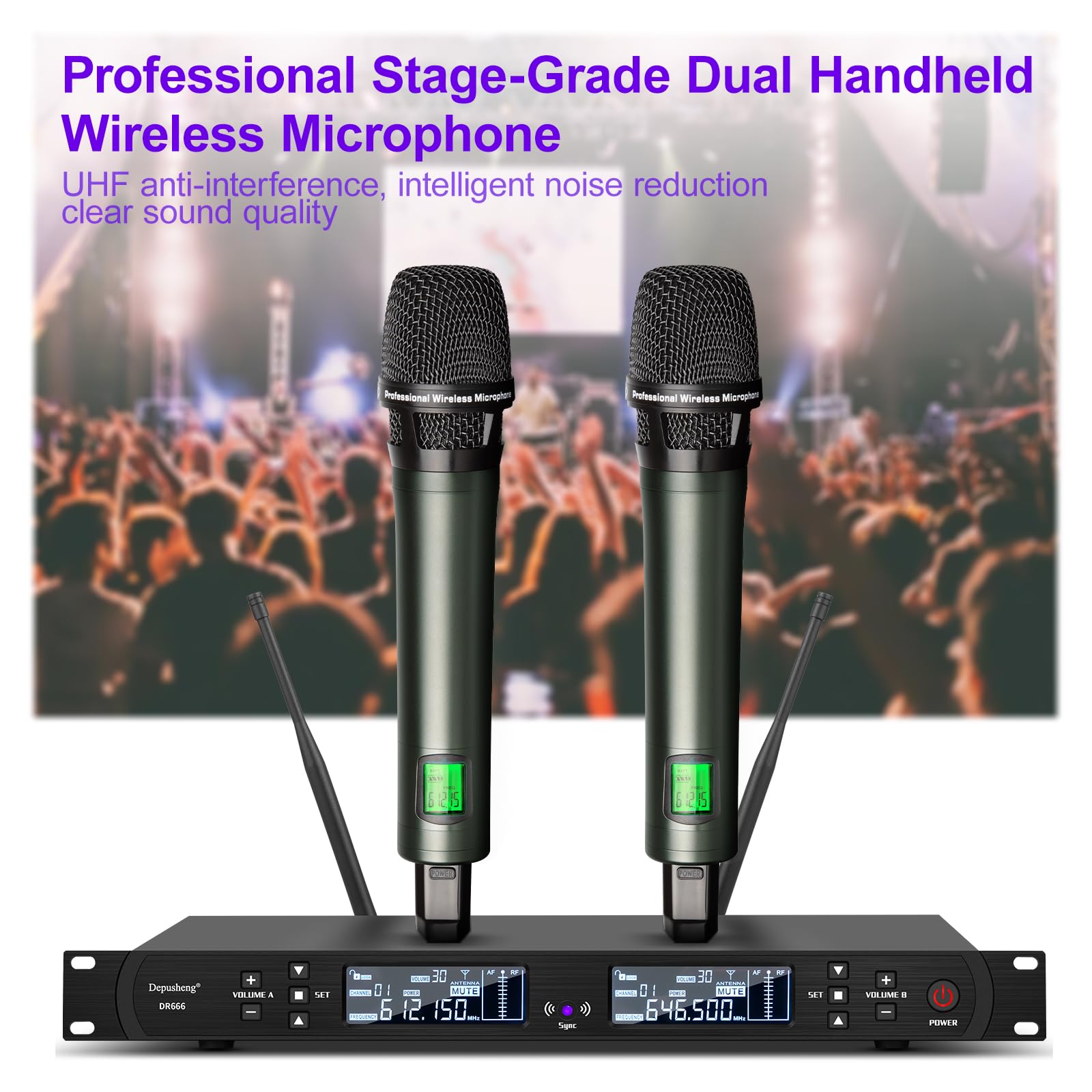 Depusheng DR666 Microfono wireless professionale Karaoke Doppio microfono senza fili palmare, scocca in metallo, ricezione a lunga distanza 100 metri, dedicato per il palcoscenico del bar