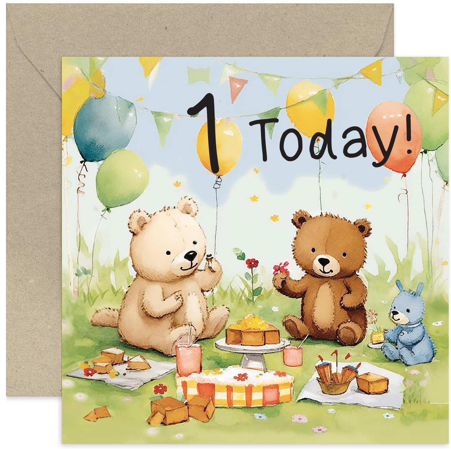 Old English Co. 1st Birthday Card for Boy or Girl - Cute Illustrated Bear Picnic 1st Birthday Card - Boy Birthday Card - Girl Birthday Card - Cute Age