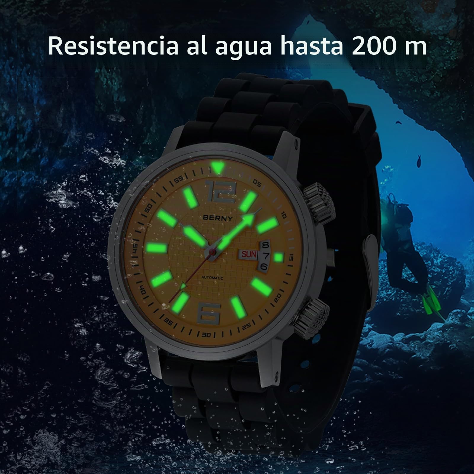BERNY Reloj Automático para Hombres Reloj De Buceo Automático con Correa De Silicona Suave Relojes De Pulsera Resistente Al Agua 20ATM Cristal De Zafiro Resistente A Los Arañazos Super Luminoso