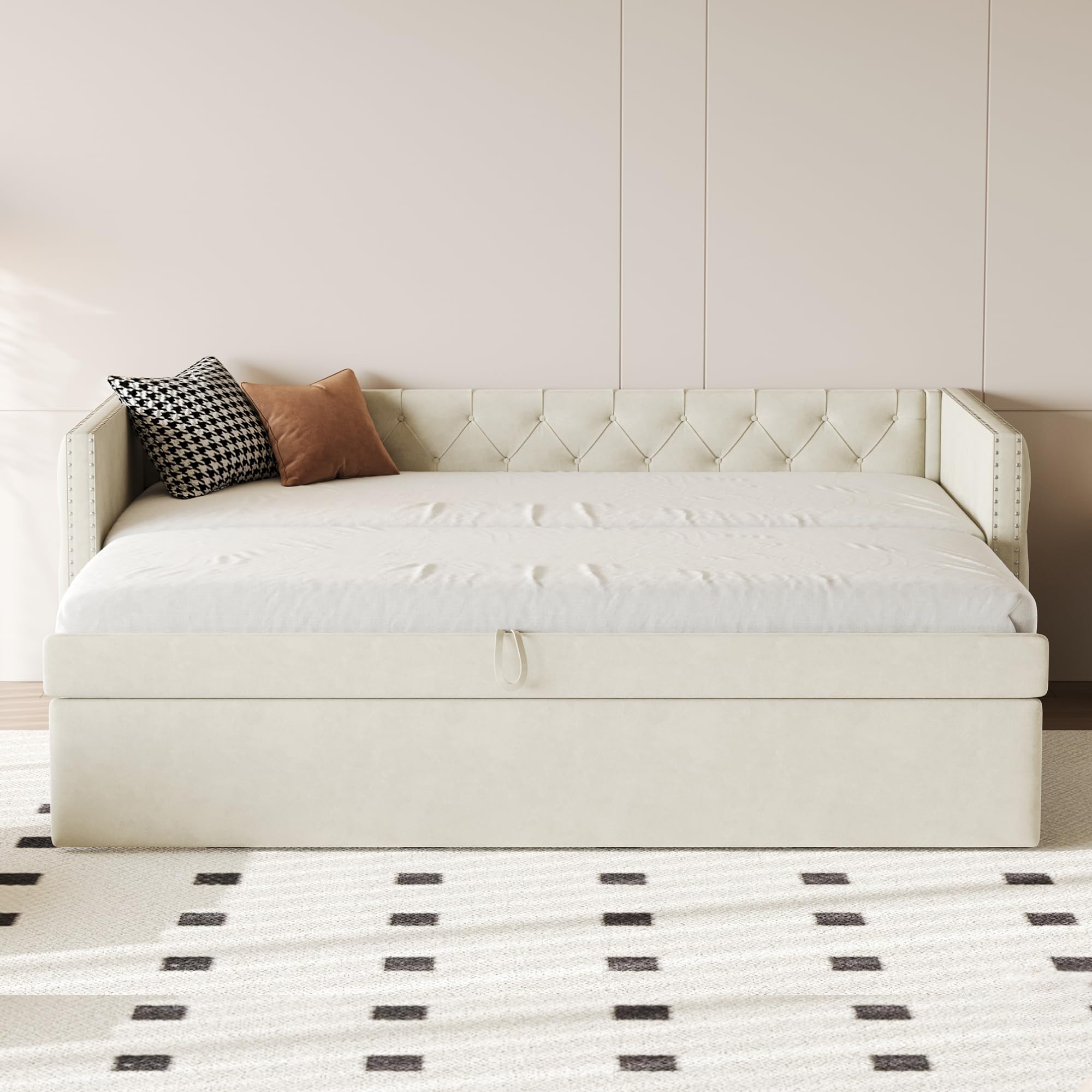 Moimhear Letto Imbottito Divano Letto 90x200 Cm – Testiera Con Ripiani, Sistema Idraulico Sottoletto, Velluto Grigio Scuro