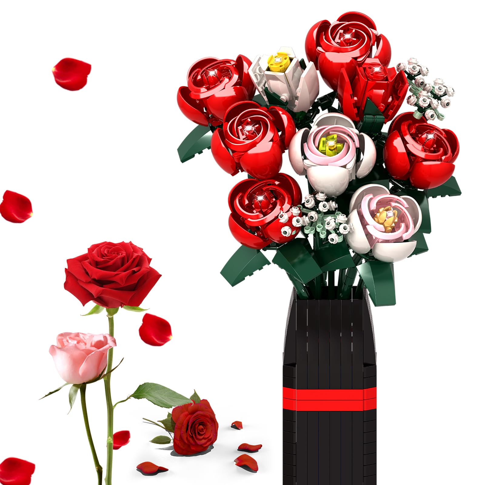 Panigkids Roses Flower Bouquet Building Kit, Artificial Roses Flower Bouquet Building Set with Vase, DIY Artificial Flower Bouquet Set for Home Office