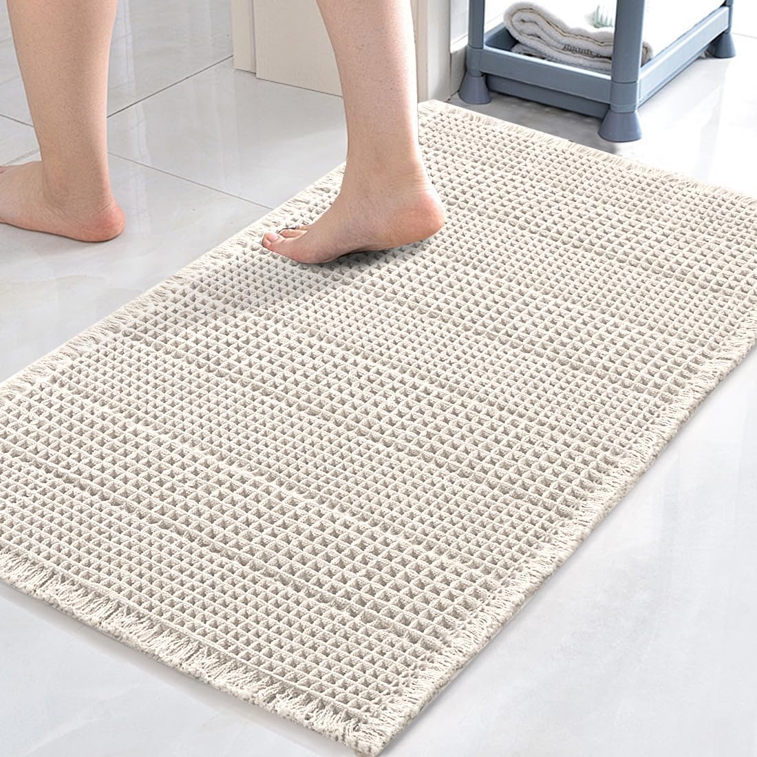 H.VERSAILTEX Upgraded Waffle Bath Mat Super Absorbent Bathroom Mats Non Slip Bath Rugs for Bathroom Floor Machine Washable Dry Fast Bathroom Rugs for Beside Tub, 20" x 32", IvoryOEKO-TEX STANDARD 100