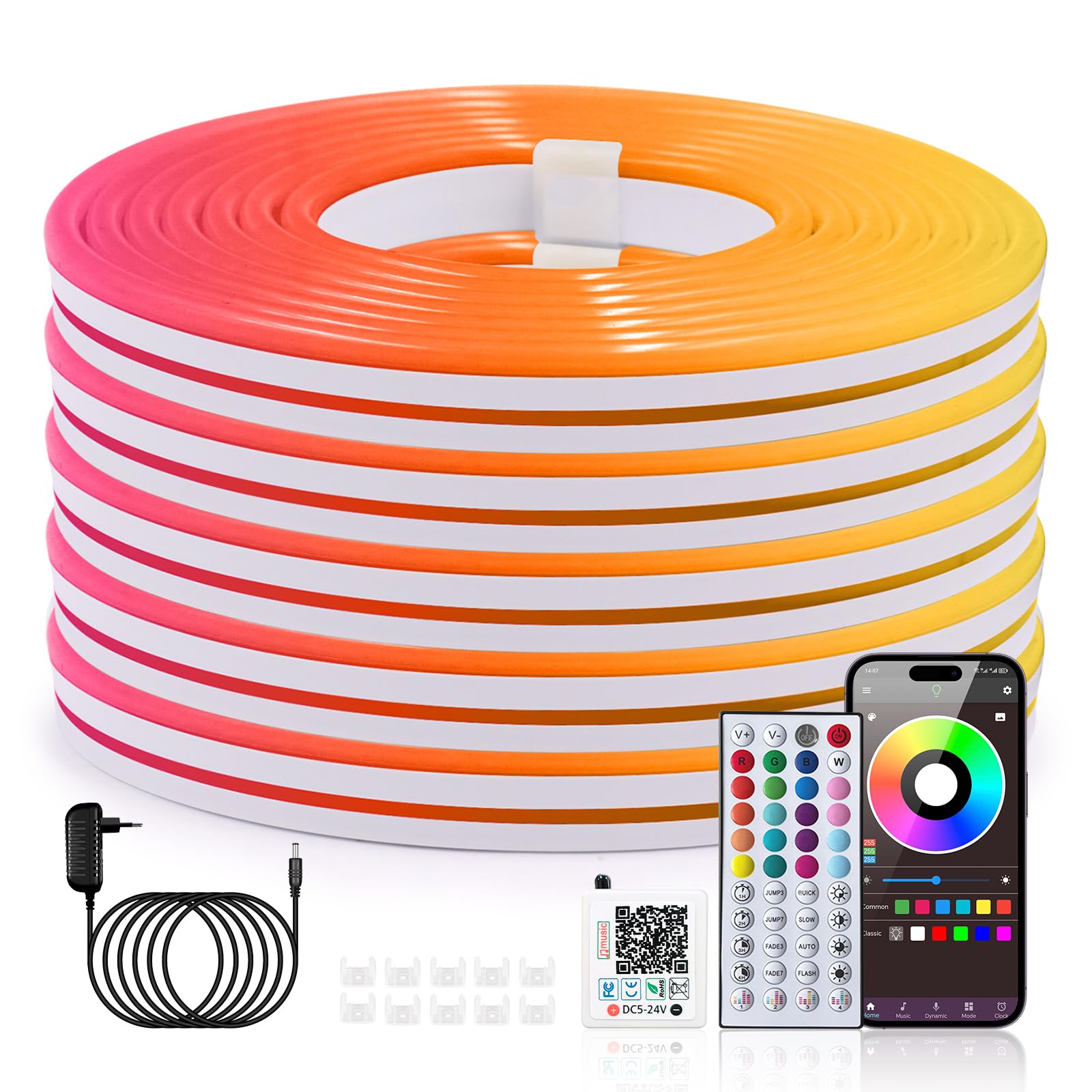 Dimmbar RGB Neon Stripe，24V 30M 1800LEDs Silikon Flexibler LED Streifen,Bluetooth Musik Sync Timer-Einstellung Neon LED Lichtband mit 44 Tasten Fernbedienung für Allerheiligen,Weihnachtsfeier