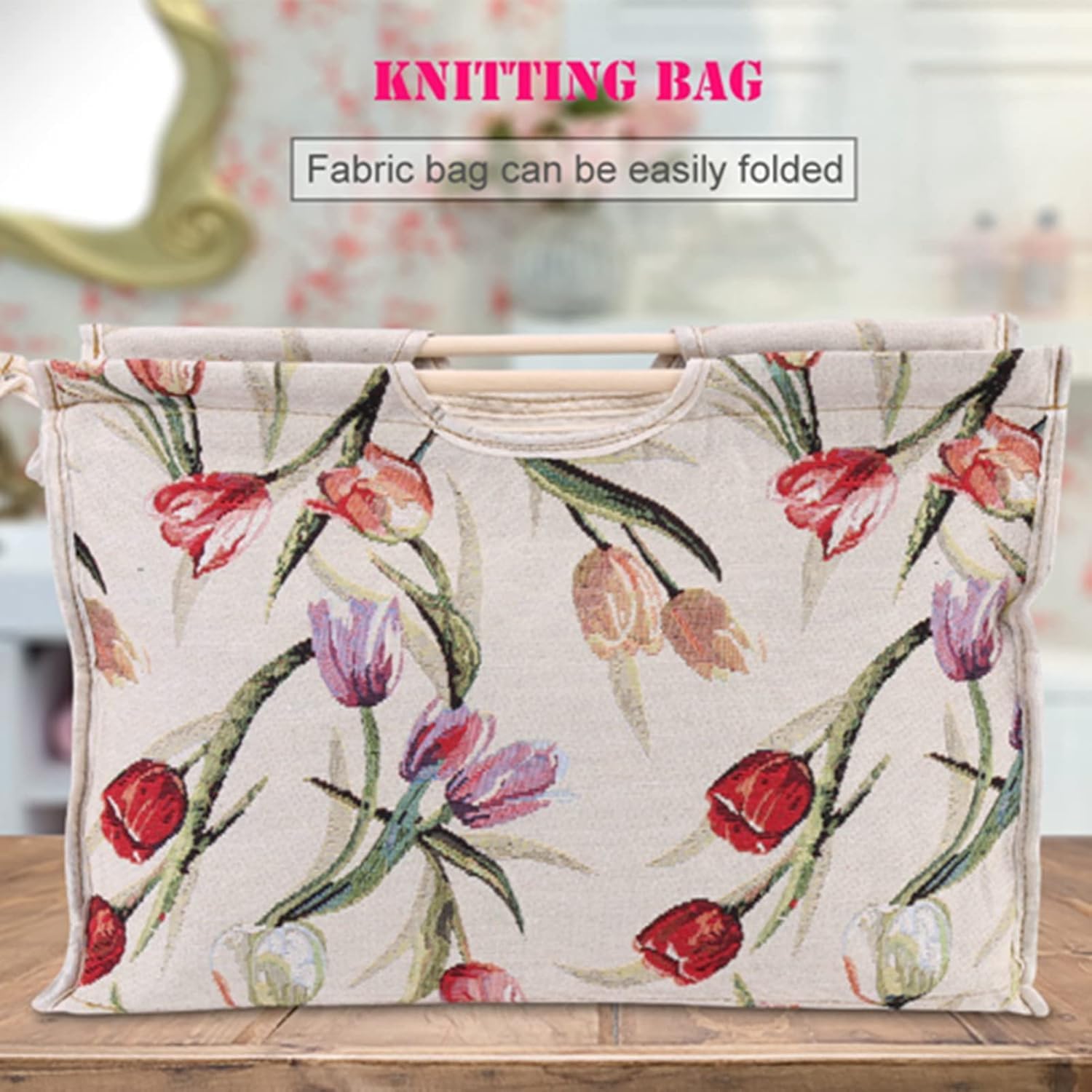 Borsa Tote per Maglia 1 Pezzo con Manico in Legno, Porta Progetti Portatile per Aghi e Matassine, Fiore Rosso, per Cucito e Lavori a Maglia in Casa